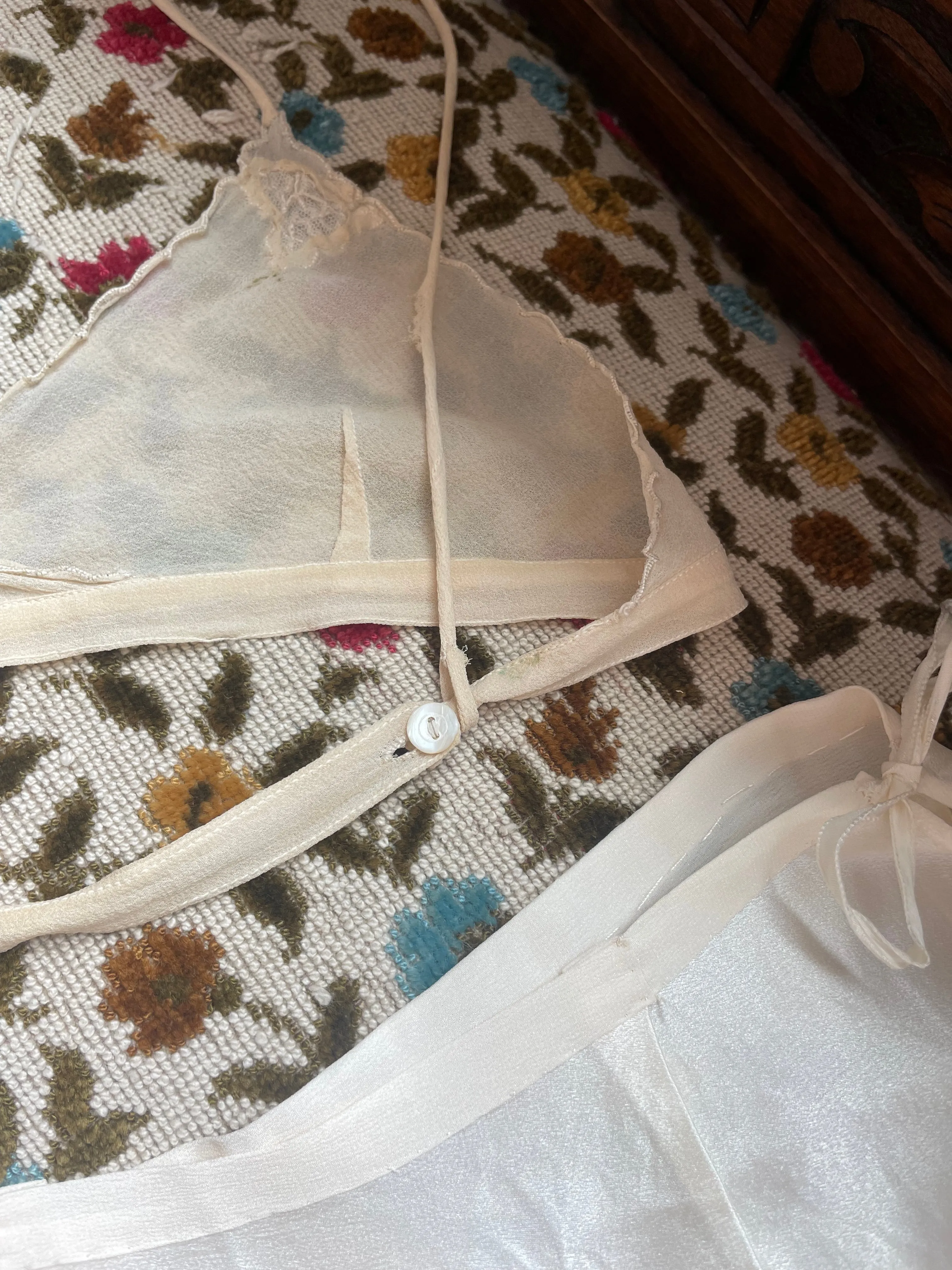 1920s Peek-A-Boo Silk & Chiffon Lace Appliqué Lingerie Boudoir Set