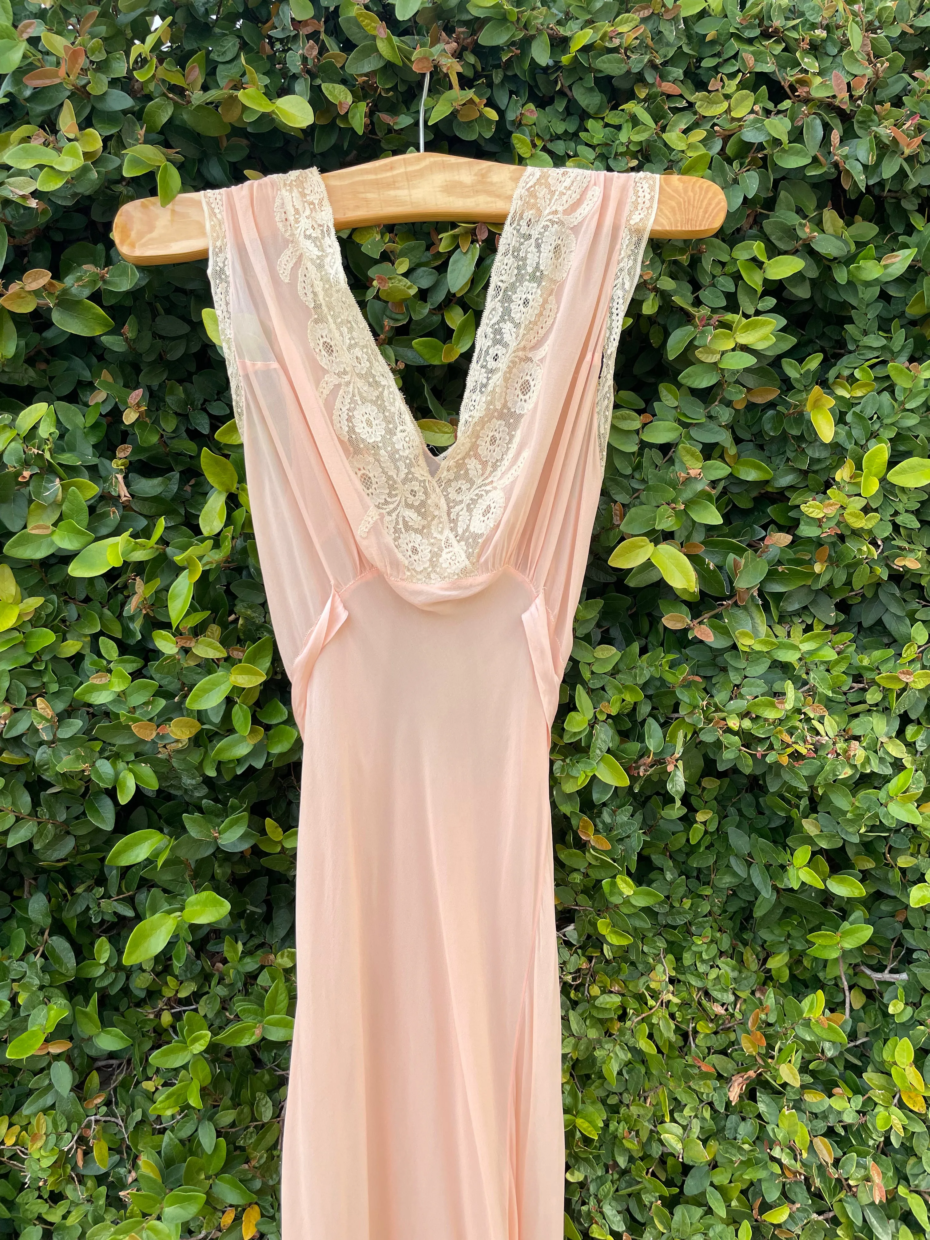 1930s Ballet Pink Silk Chiffon & Lace Trim Bias Cut Slip Dress