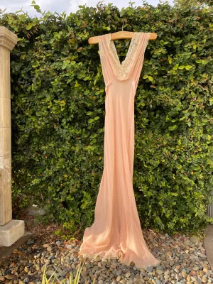 1930s Ballet Pink Silk Chiffon & Lace Trim Bias Cut Slip Dress