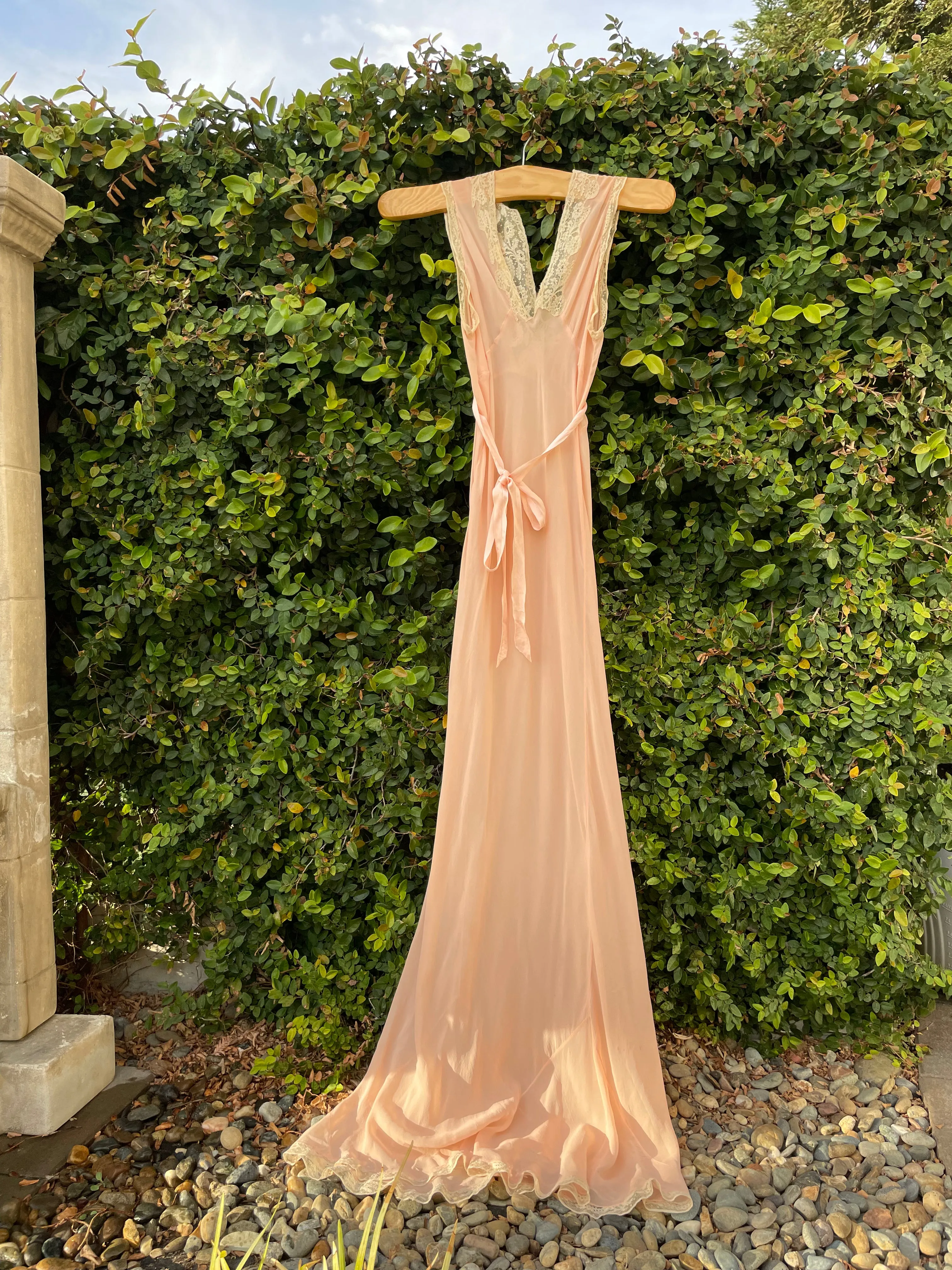 1930s Ballet Pink Silk Chiffon & Lace Trim Bias Cut Slip Dress