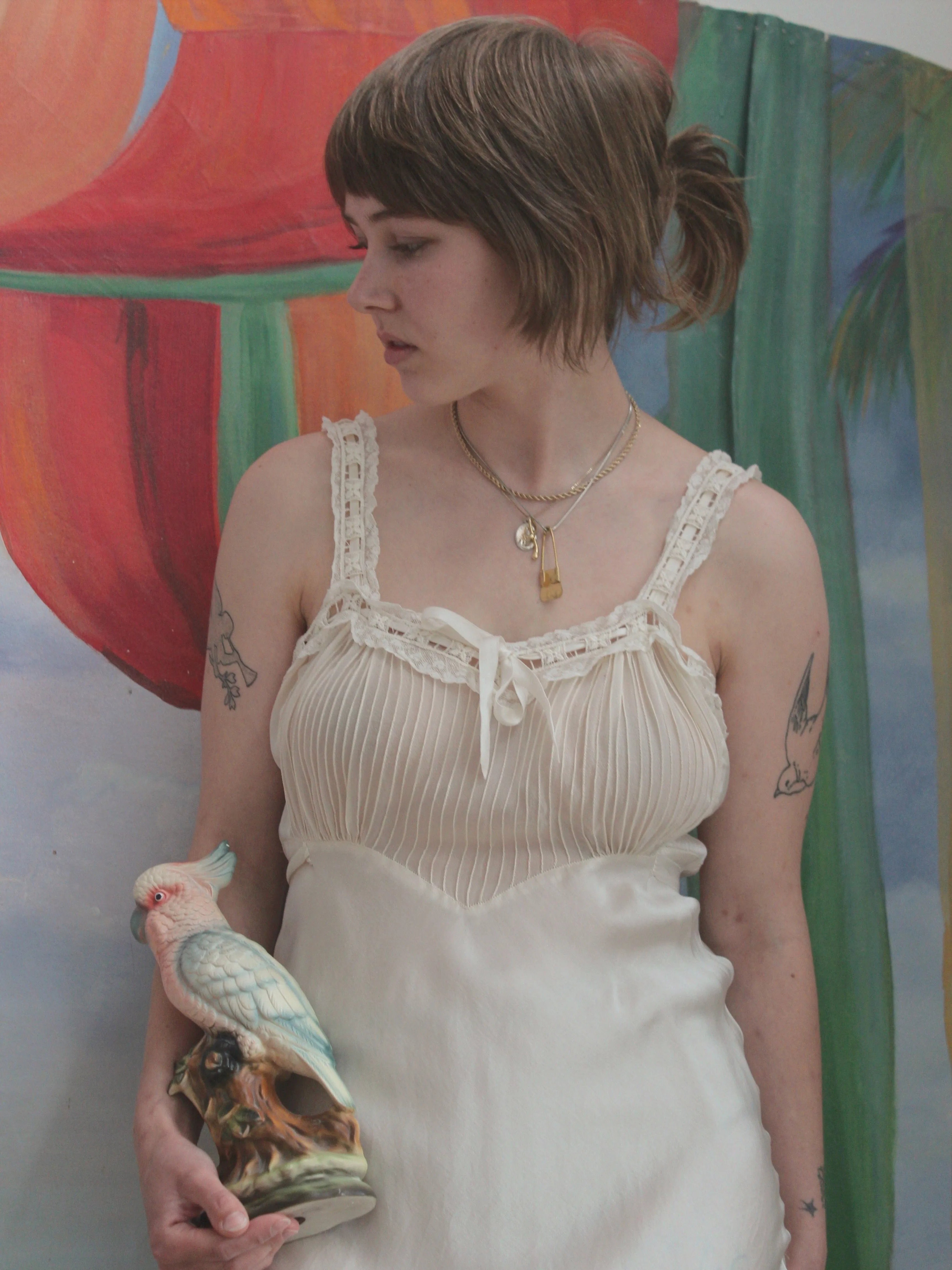 1930s Ivory Silk & Chiffon Bias Cut Slip Dress W/ Lace Trim