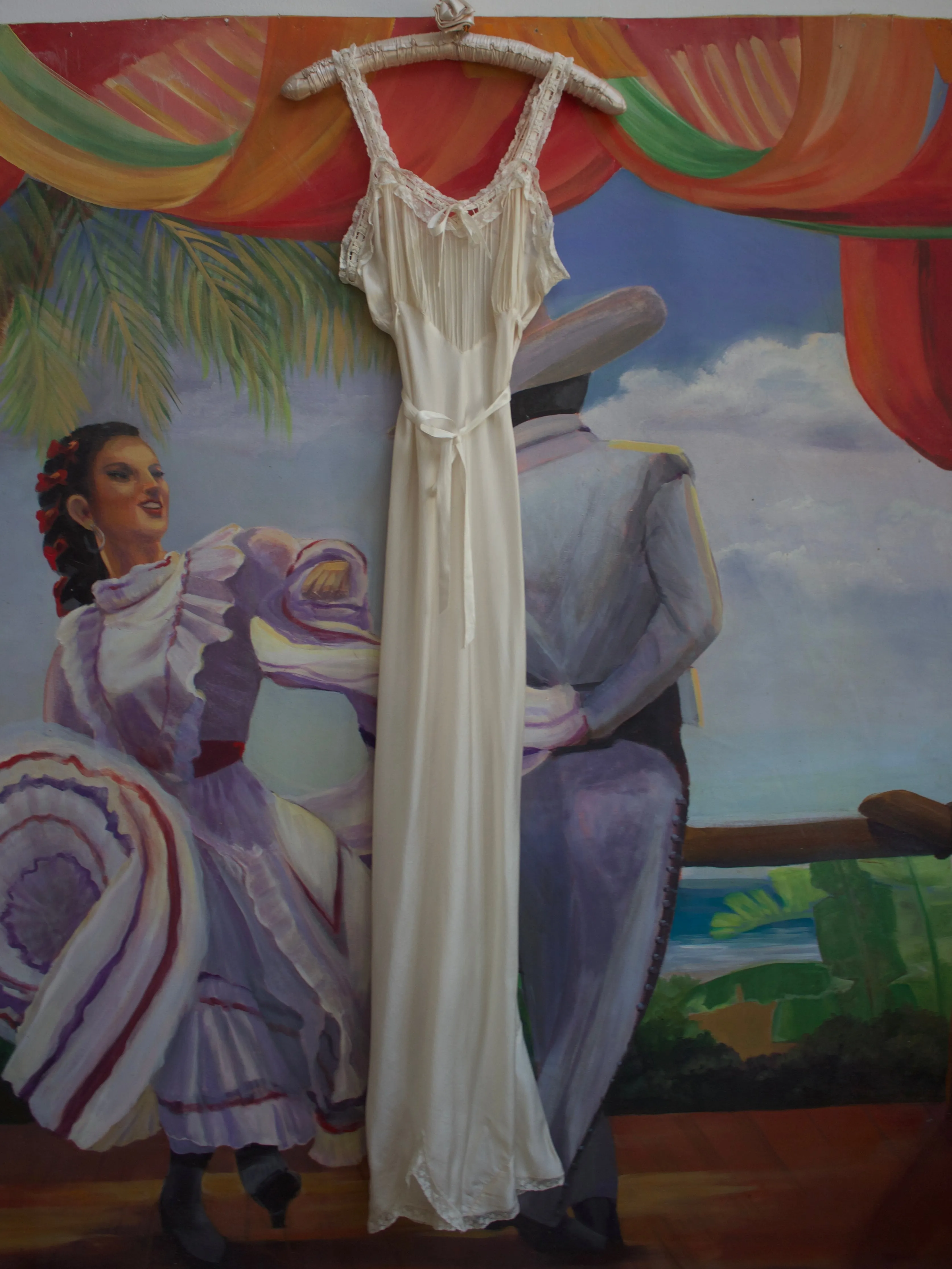 1930s Ivory Silk & Chiffon Bias Cut Slip Dress W/ Lace Trim