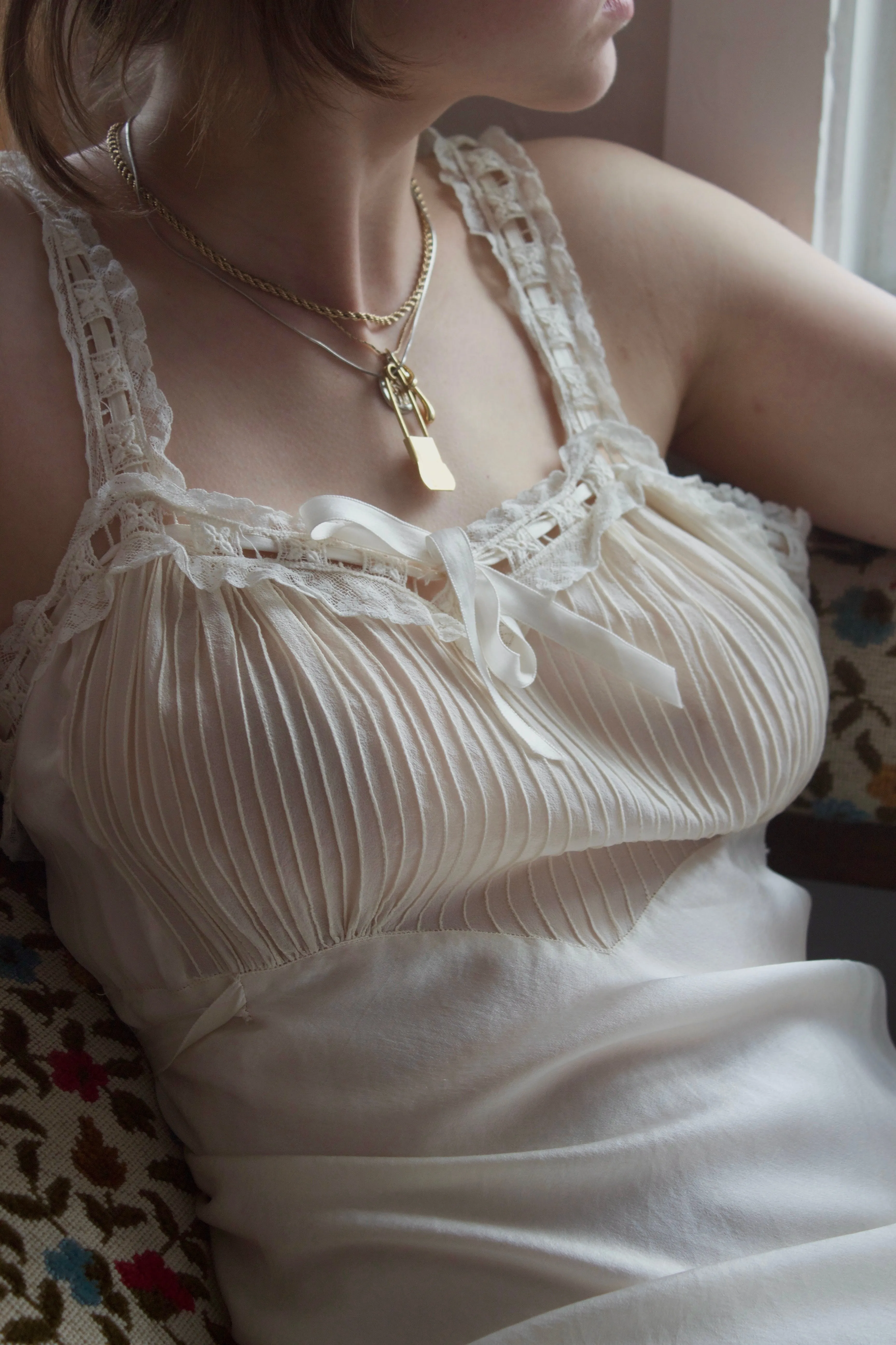 1930s Ivory Silk & Chiffon Bias Cut Slip Dress W/ Lace Trim