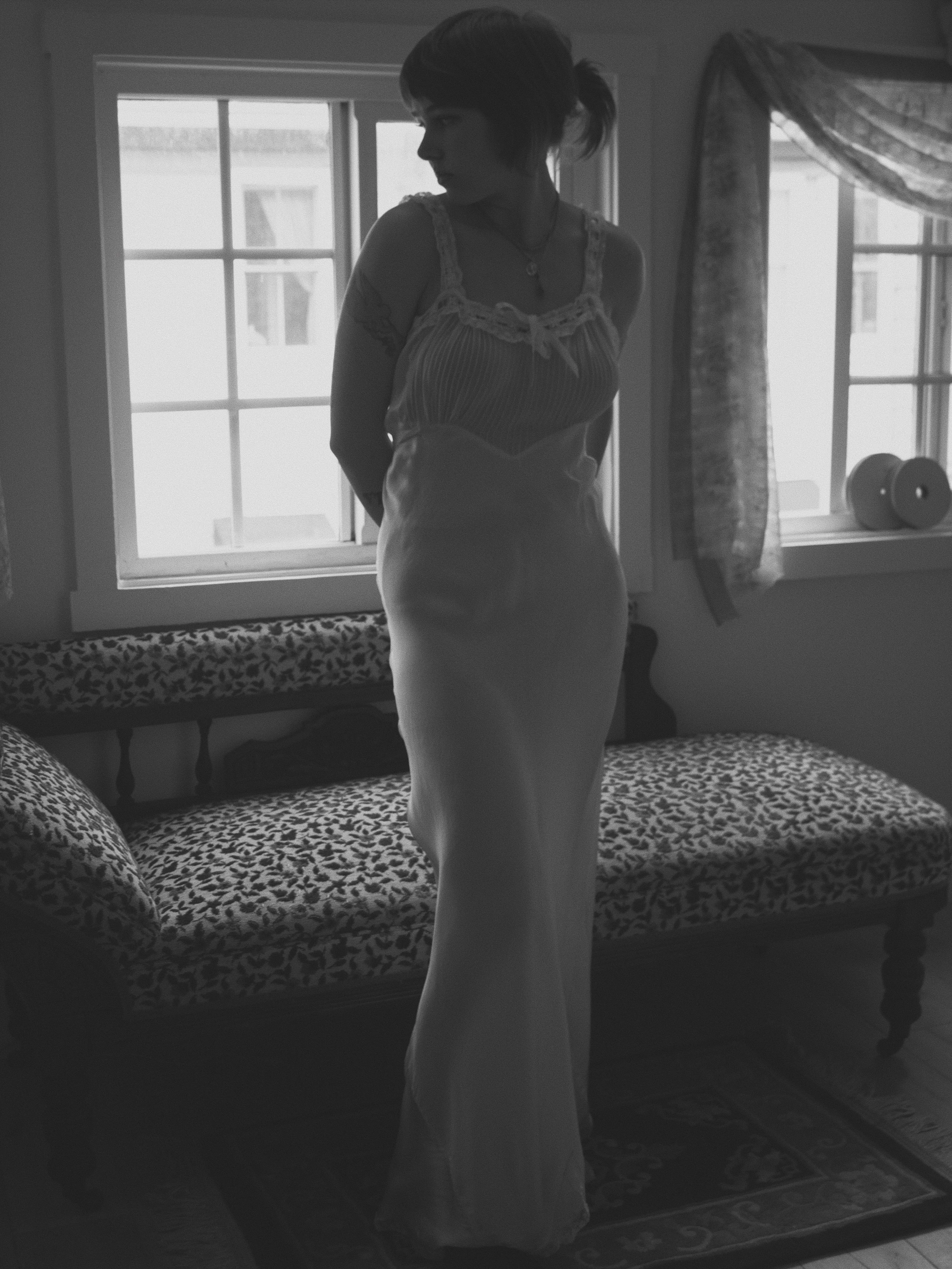 1930s Ivory Silk & Chiffon Bias Cut Slip Dress W/ Lace Trim