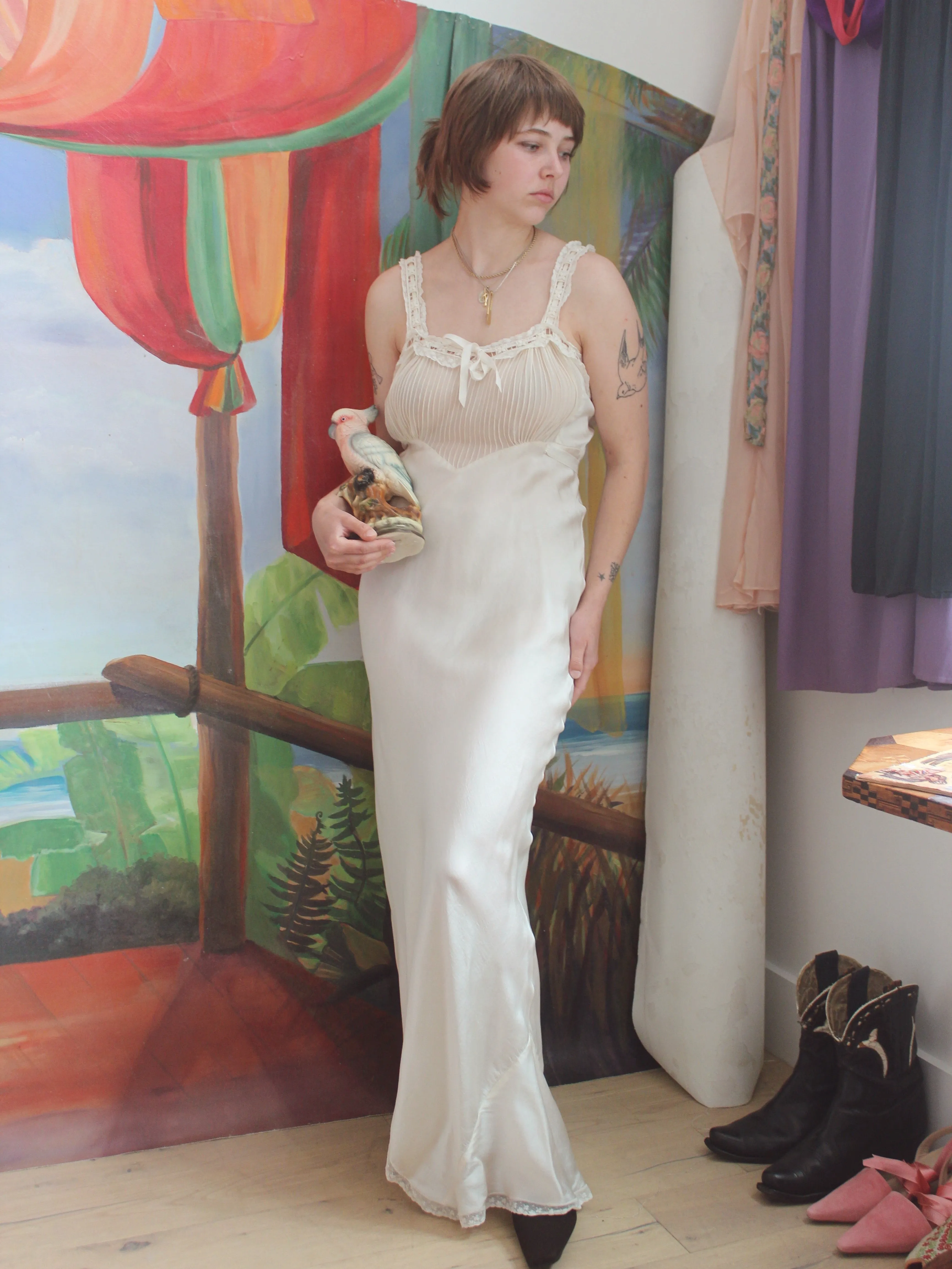 1930s Ivory Silk & Chiffon Bias Cut Slip Dress W/ Lace Trim