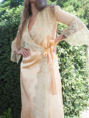 1930s Peach Satin & Ecru Lace Wrap Bell Sleeve Dressing Gown Robe