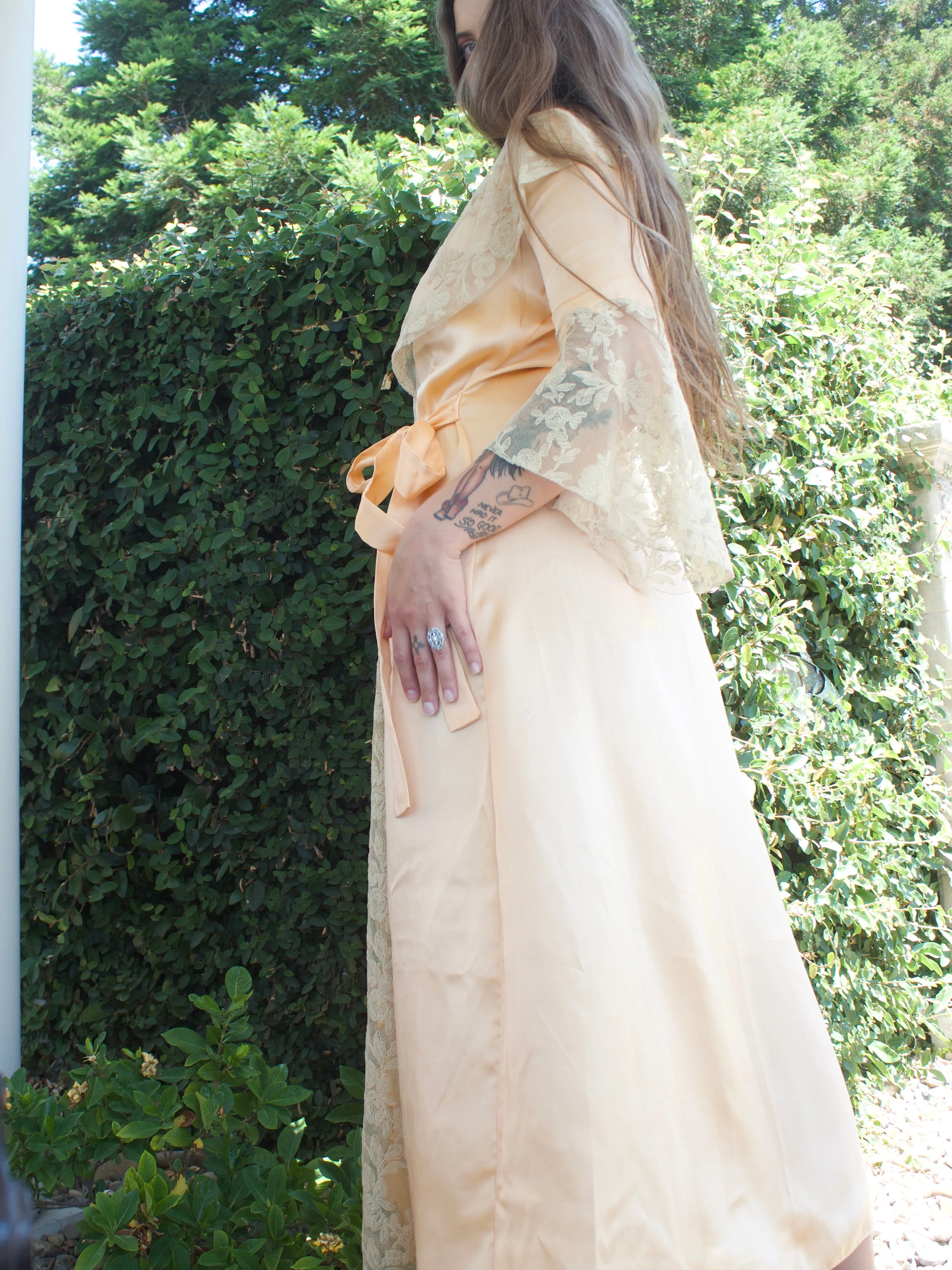 1930s Peach Satin & Ecru Lace Wrap Bell Sleeve Dressing Gown Robe