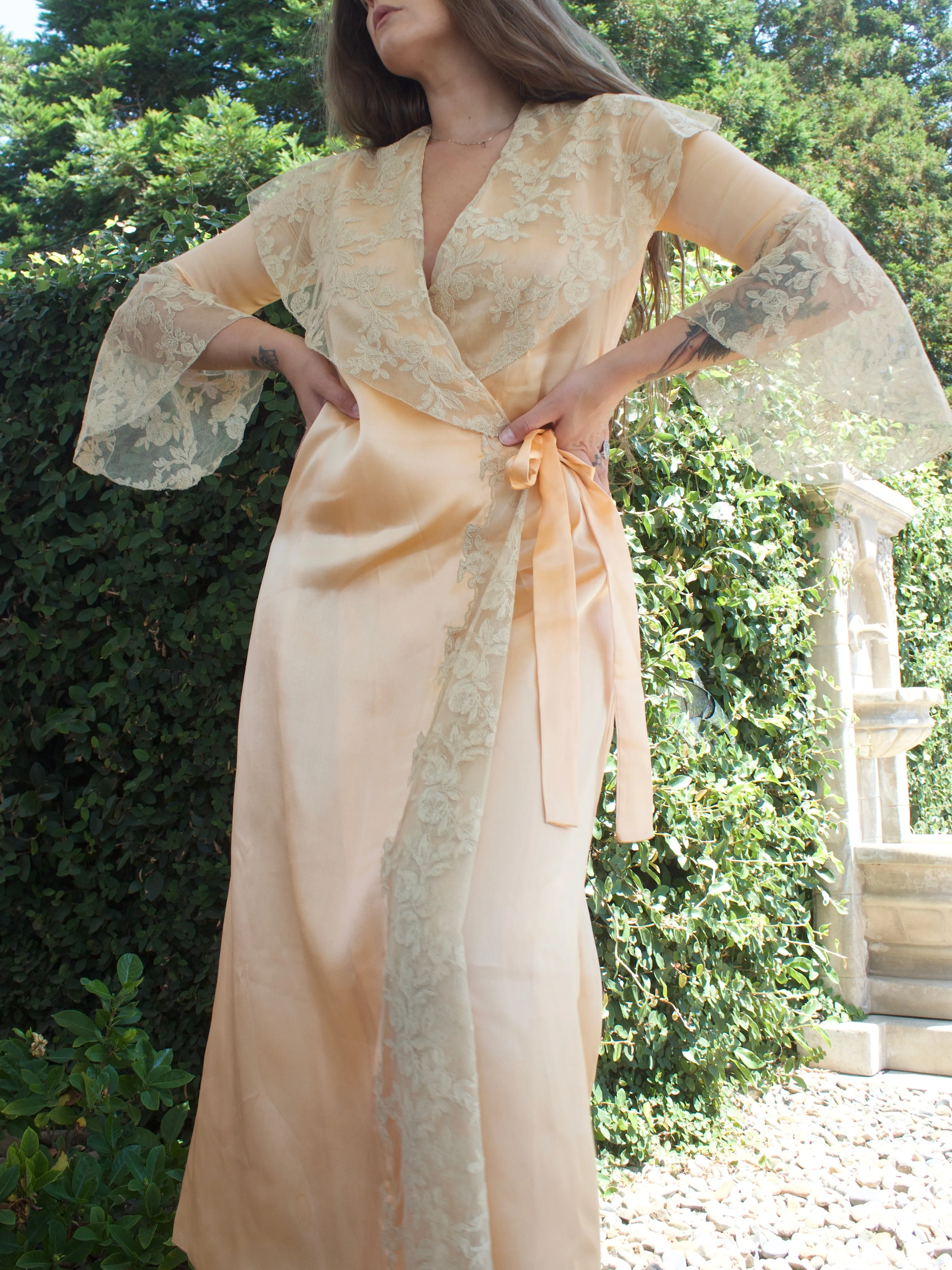1930s Peach Satin & Ecru Lace Wrap Bell Sleeve Dressing Gown Robe