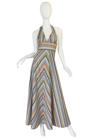 1970s Backless Cotton Striped Halter Top Maxi Sun Dress