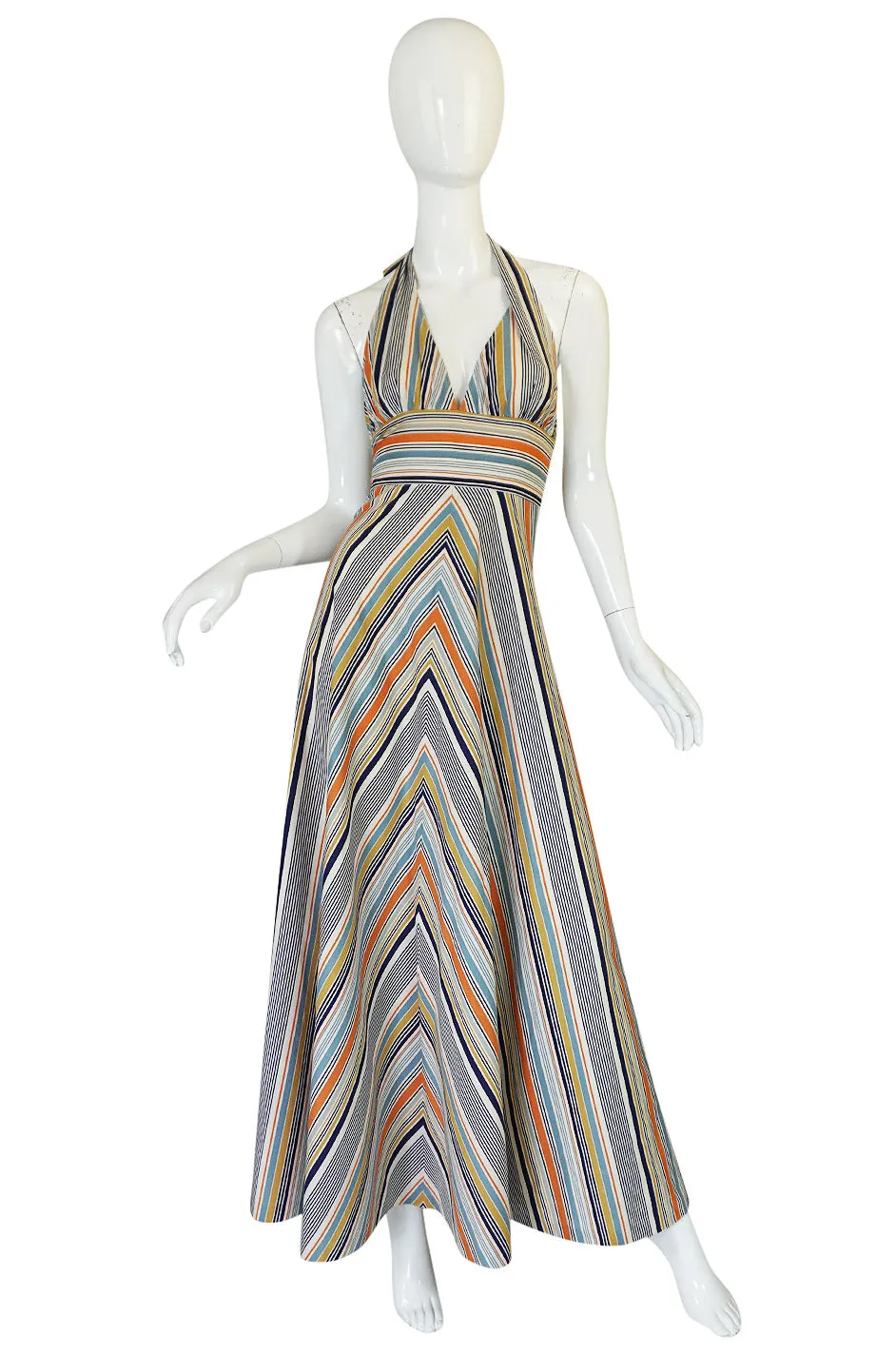 1970s Backless Cotton Striped Halter Top Maxi Sun Dress