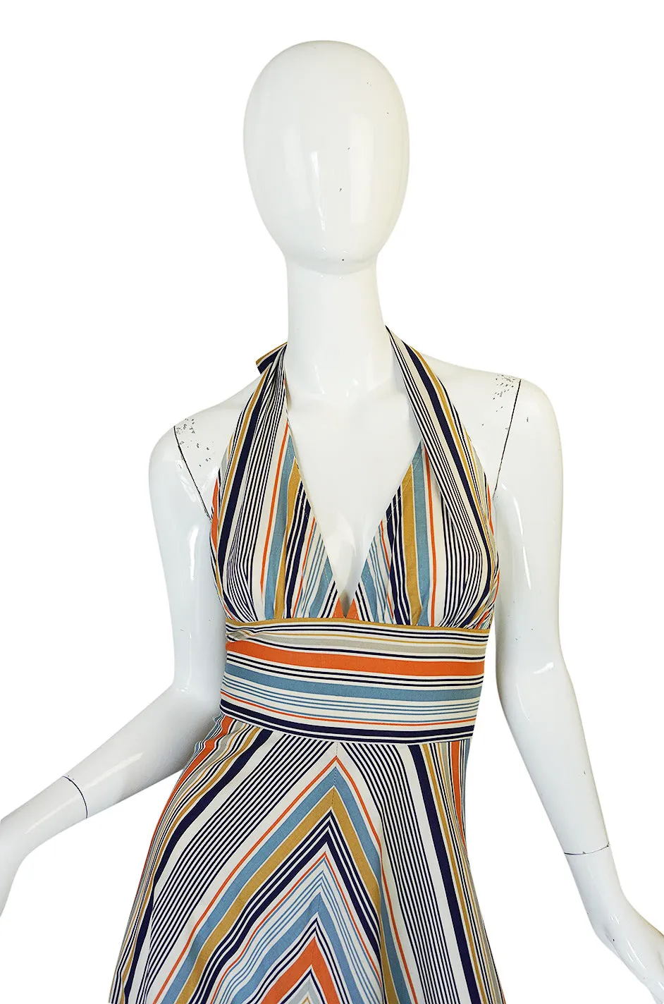 1970s Backless Cotton Striped Halter Top Maxi Sun Dress