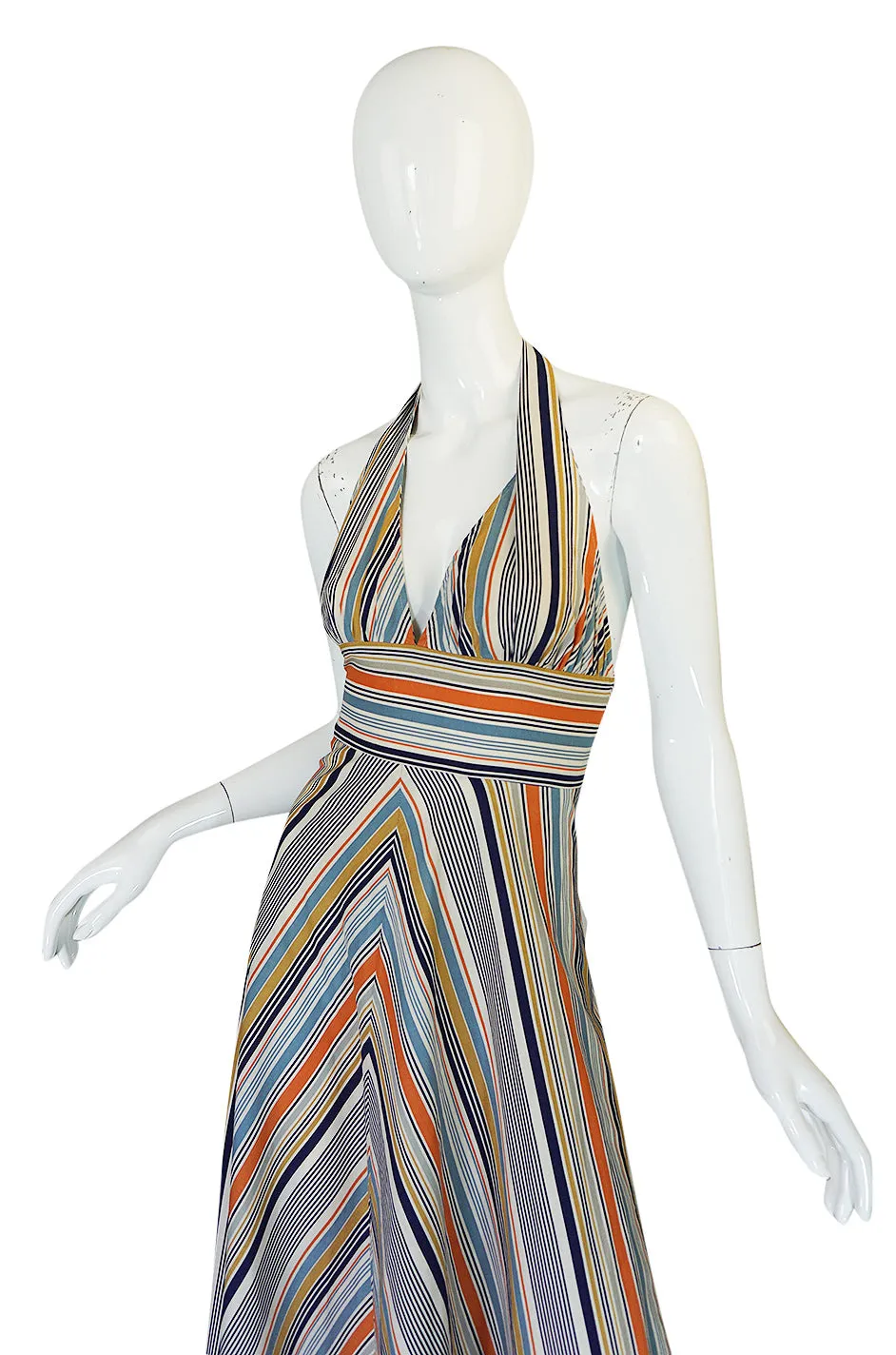 1970s Backless Cotton Striped Halter Top Maxi Sun Dress