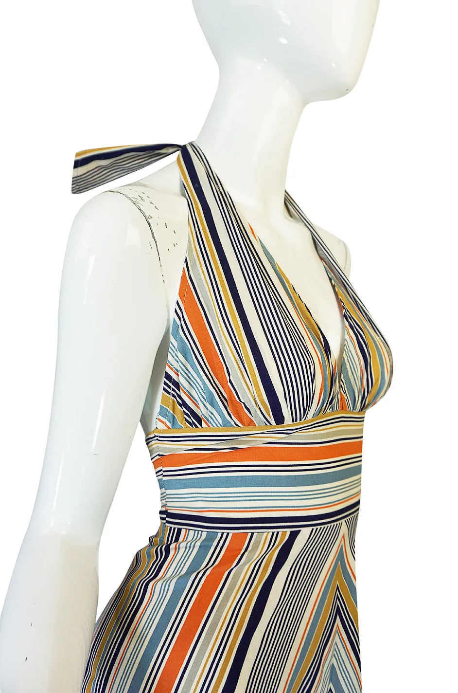1970s Backless Cotton Striped Halter Top Maxi Sun Dress