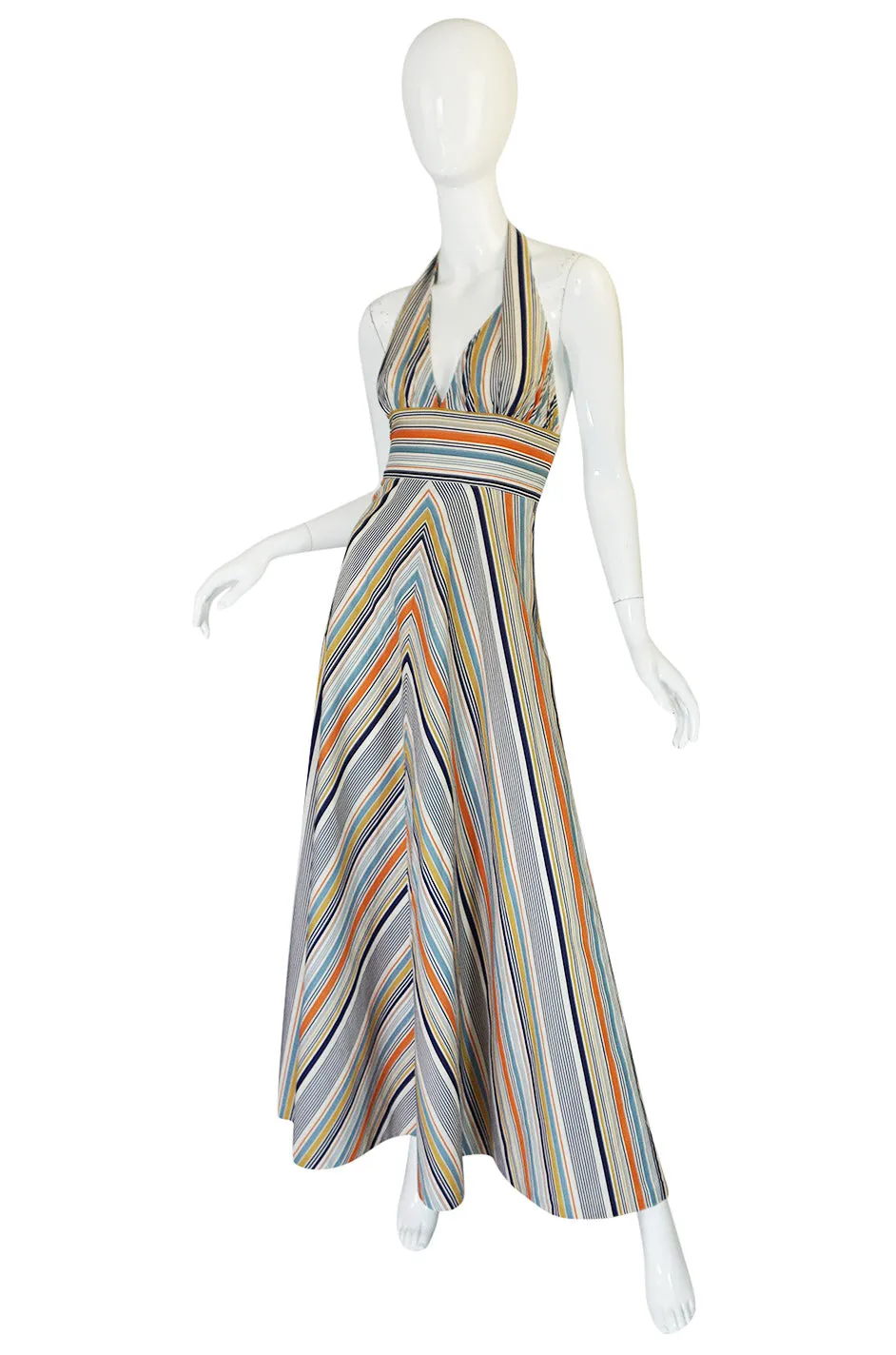 1970s Backless Cotton Striped Halter Top Maxi Sun Dress