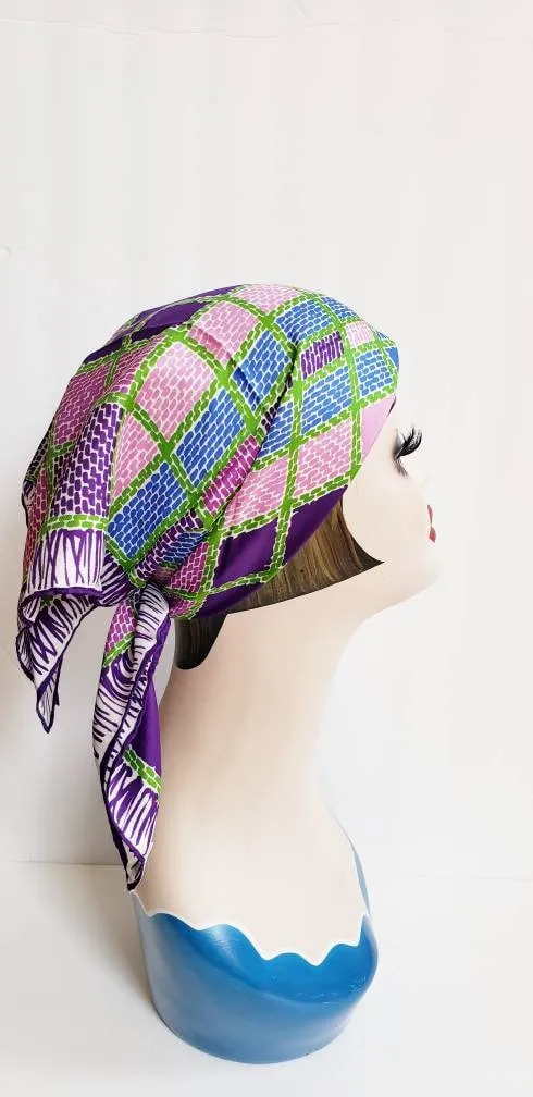1970s Vera Square Purple Blue Pink Green Checkerboard Square Print / 70s Graphic Print Square Head Kerchief Designer / Ethyl