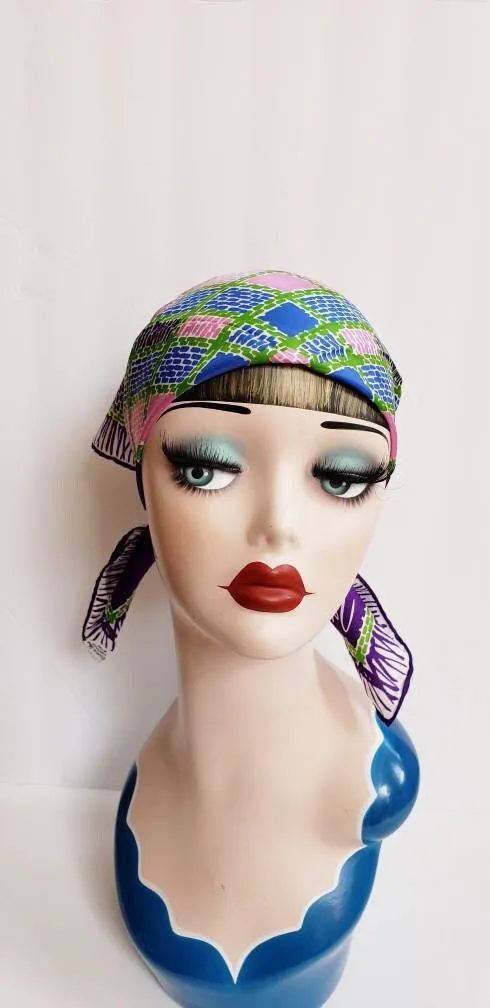 1970s Vera Square Purple Blue Pink Green Checkerboard Square Print / 70s Graphic Print Square Head Kerchief Designer / Ethyl