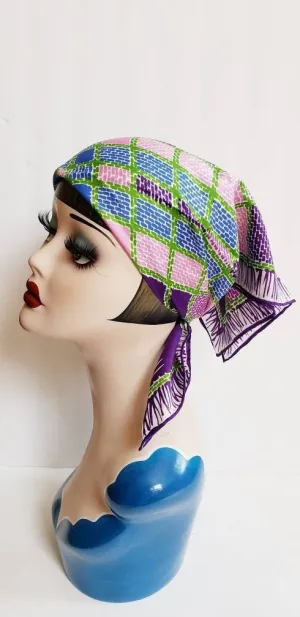 1970s Vera Square Purple Blue Pink Green Checkerboard Square Print / 70s Graphic Print Square Head Kerchief Designer / Ethyl