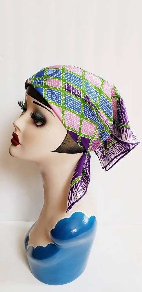 1970s Vera Square Purple Blue Pink Green Checkerboard Square Print / 70s Graphic Print Square Head Kerchief Designer / Ethyl