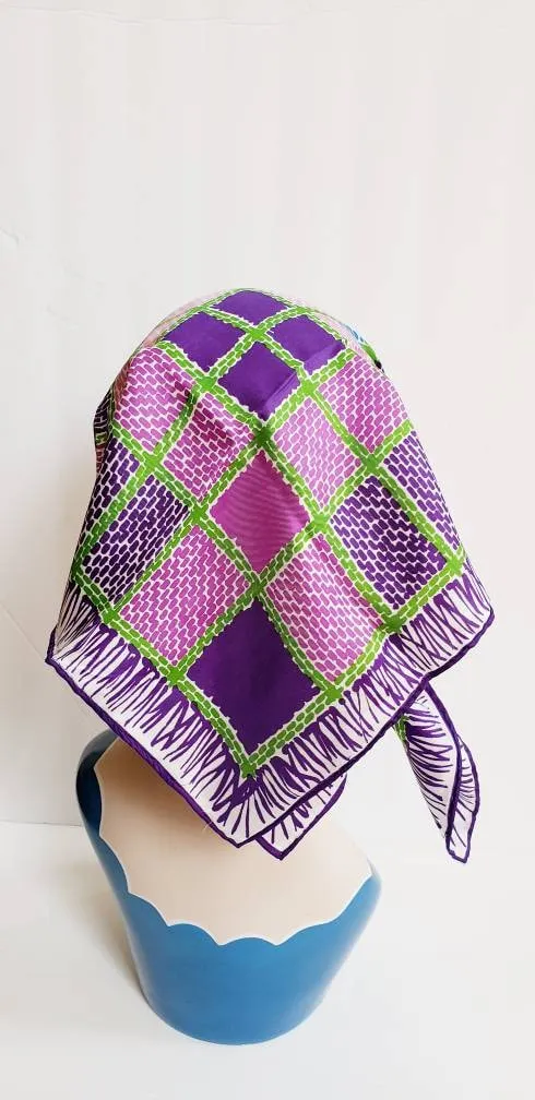 1970s Vera Square Purple Blue Pink Green Checkerboard Square Print / 70s Graphic Print Square Head Kerchief Designer / Ethyl