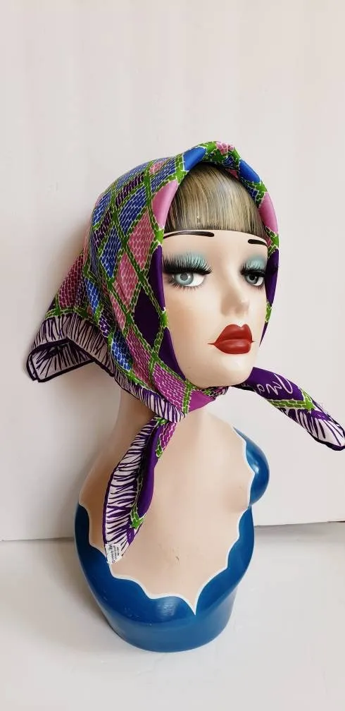 1970s Vera Square Purple Blue Pink Green Checkerboard Square Print / 70s Graphic Print Square Head Kerchief Designer / Ethyl