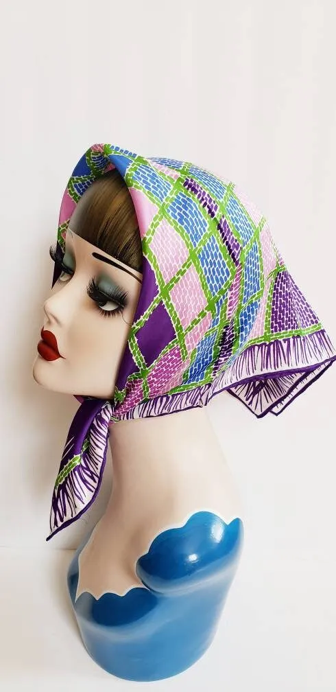 1970s Vera Square Purple Blue Pink Green Checkerboard Square Print / 70s Graphic Print Square Head Kerchief Designer / Ethyl