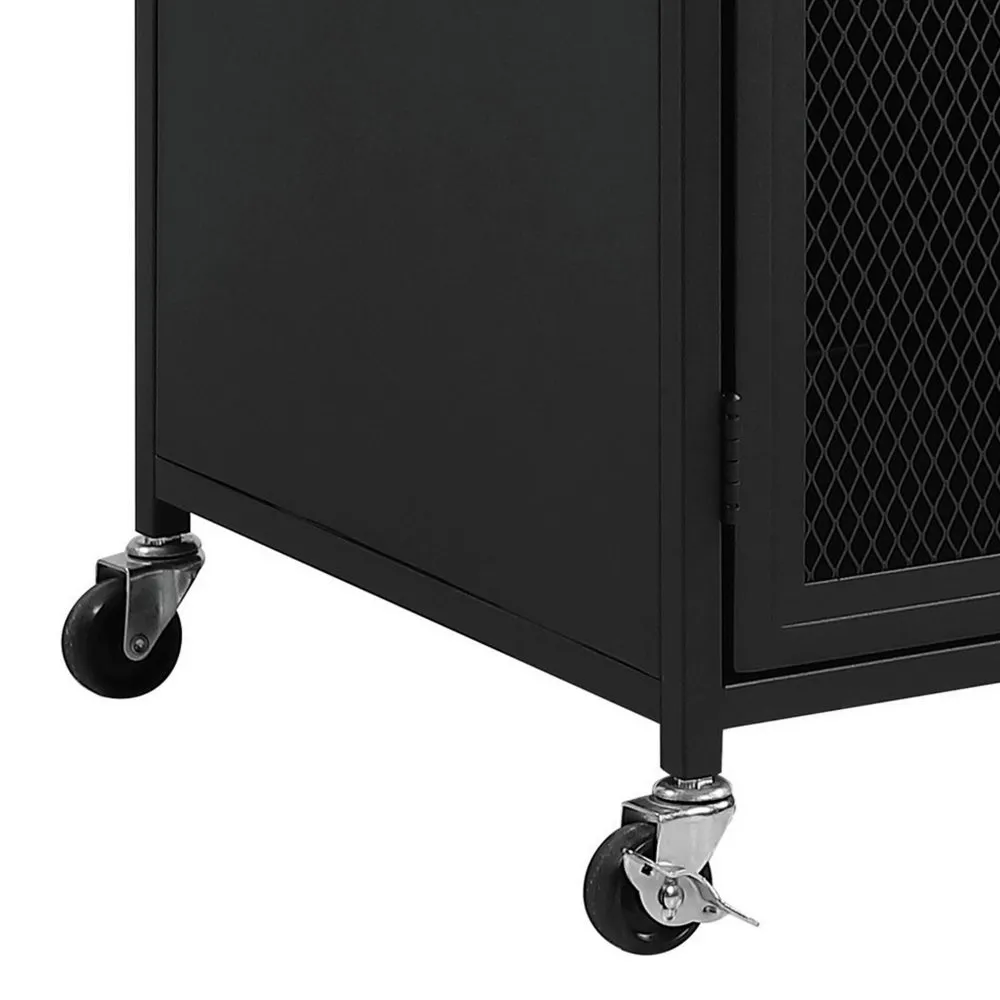 34 Inch Bar Cabinet On Wheels, Wire Mesh Doors, Wood Grain Details, Black By Casagear Home
