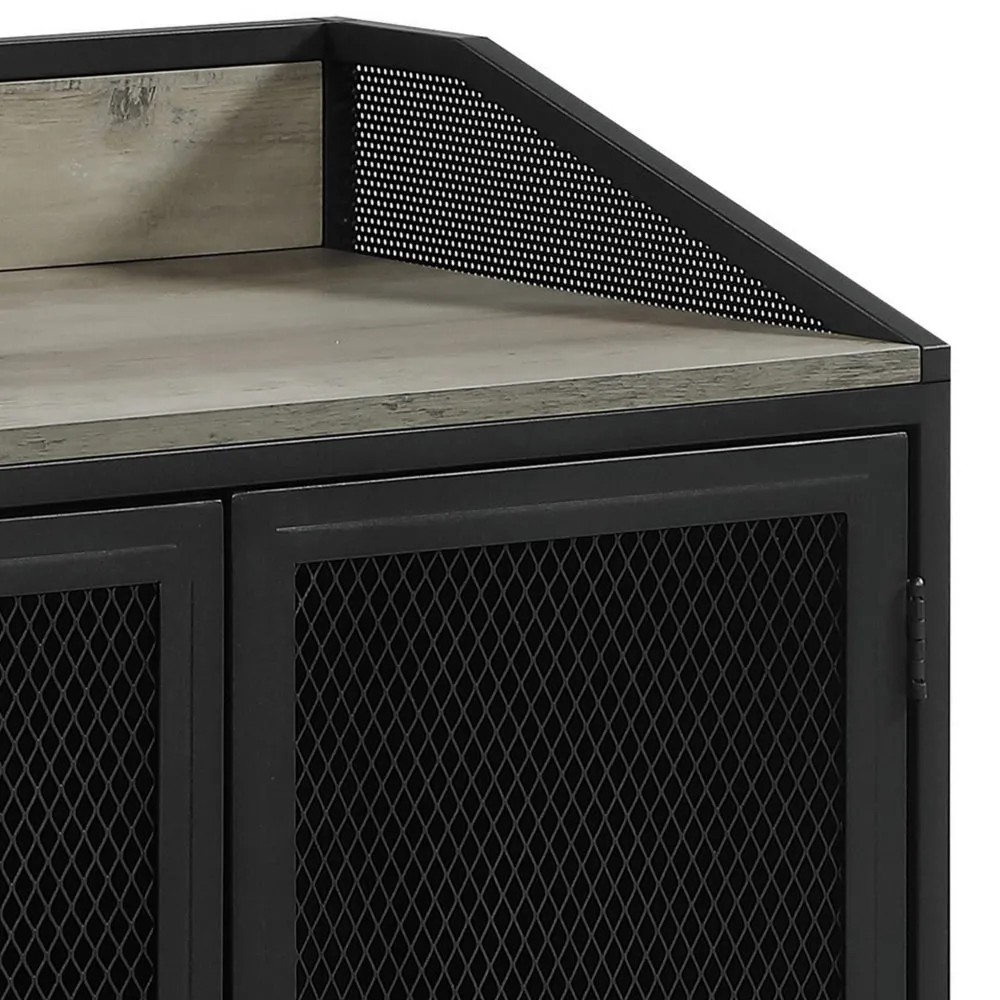 34 Inch Bar Cabinet On Wheels, Wire Mesh Doors, Wood Grain Details, Black By Casagear Home