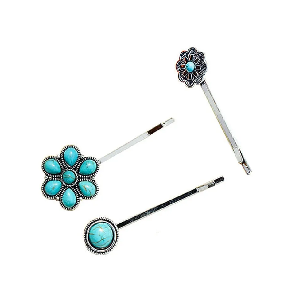 3Pcs/Set Vintage Flower Blue Stone Hair Clips