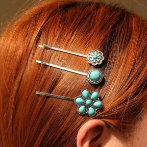 3Pcs/Set Vintage Flower Blue Stone Hair Clips