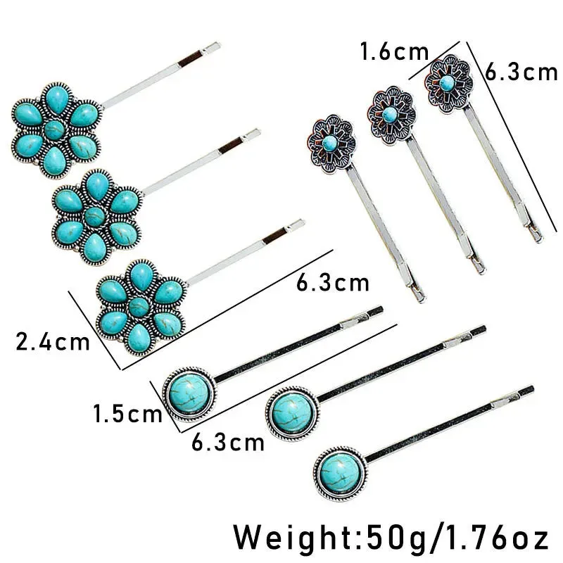 3Pcs/Set Vintage Flower Blue Stone Hair Clips