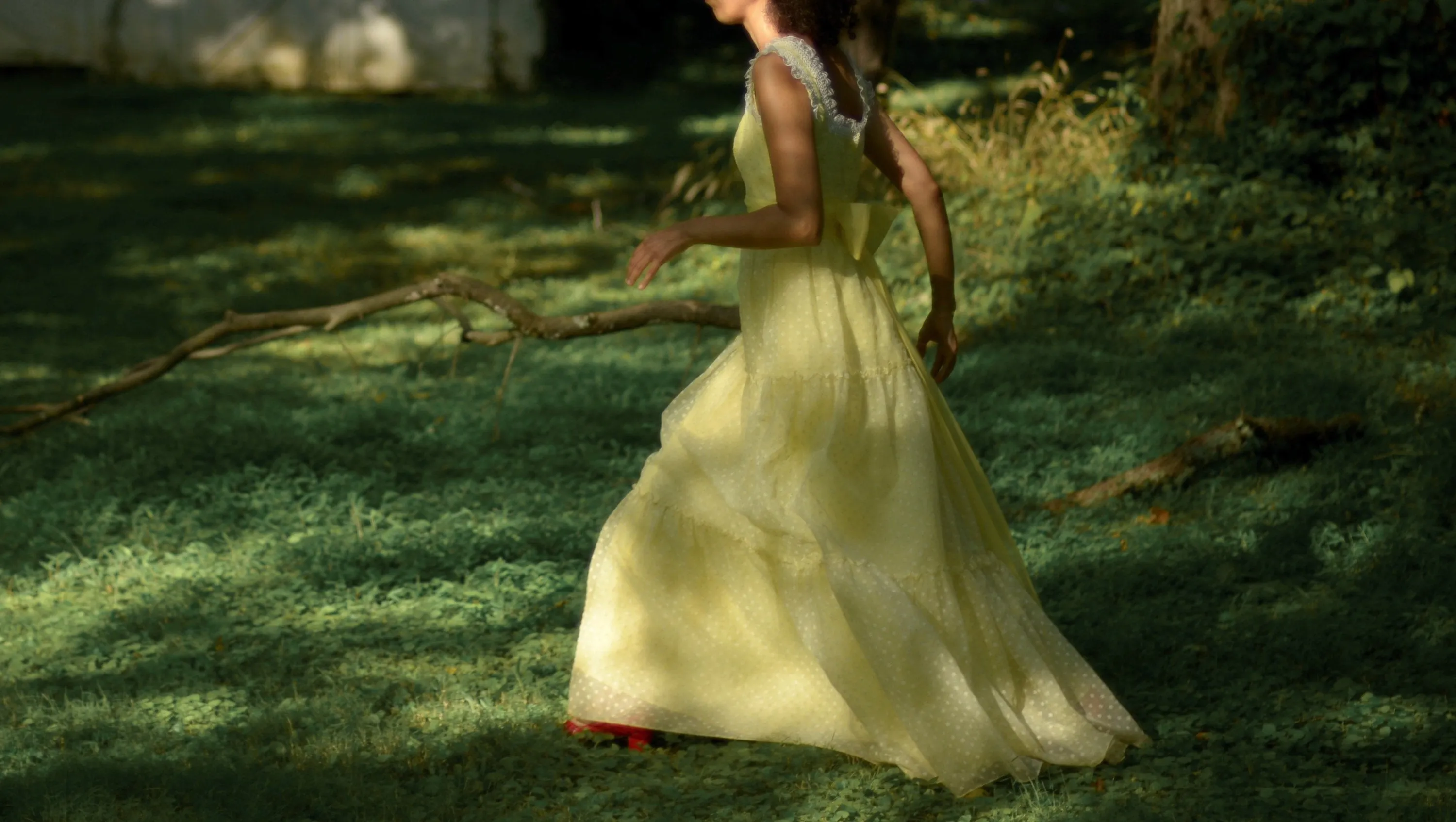 70s yellow organza full length tiered gown with back bow // small-medium