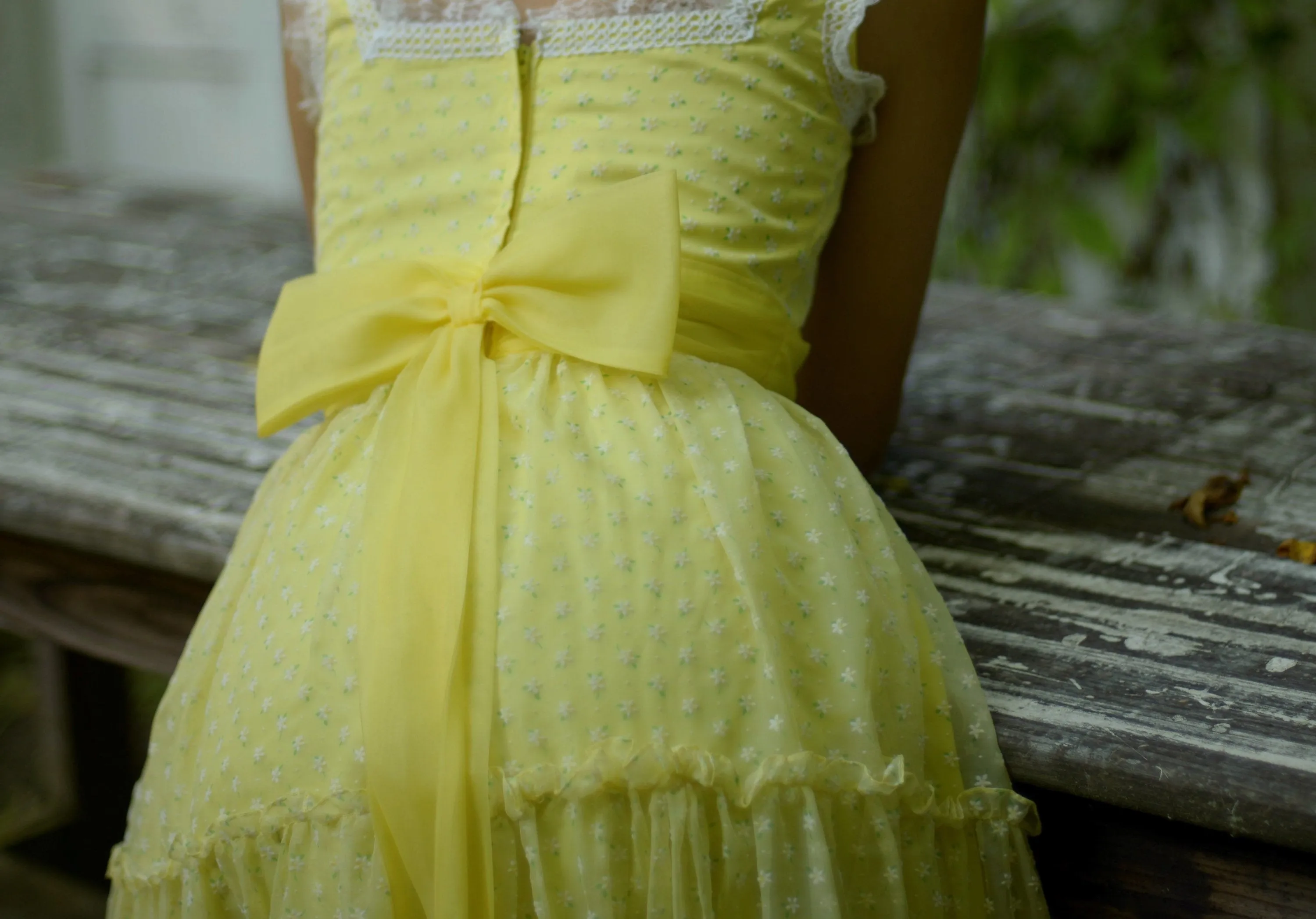 70s yellow organza full length tiered gown with back bow // small-medium