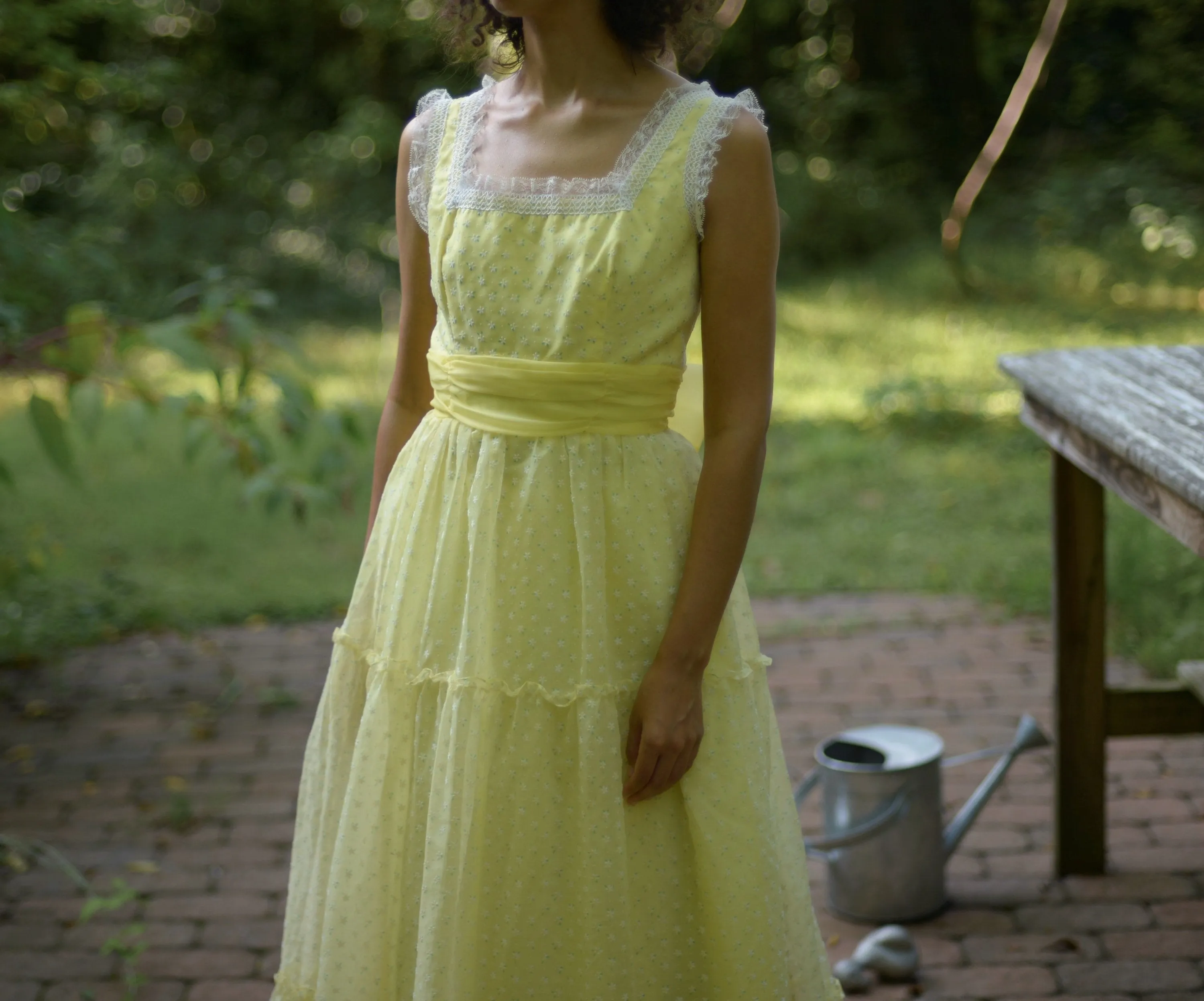 70s yellow organza full length tiered gown with back bow // small-medium