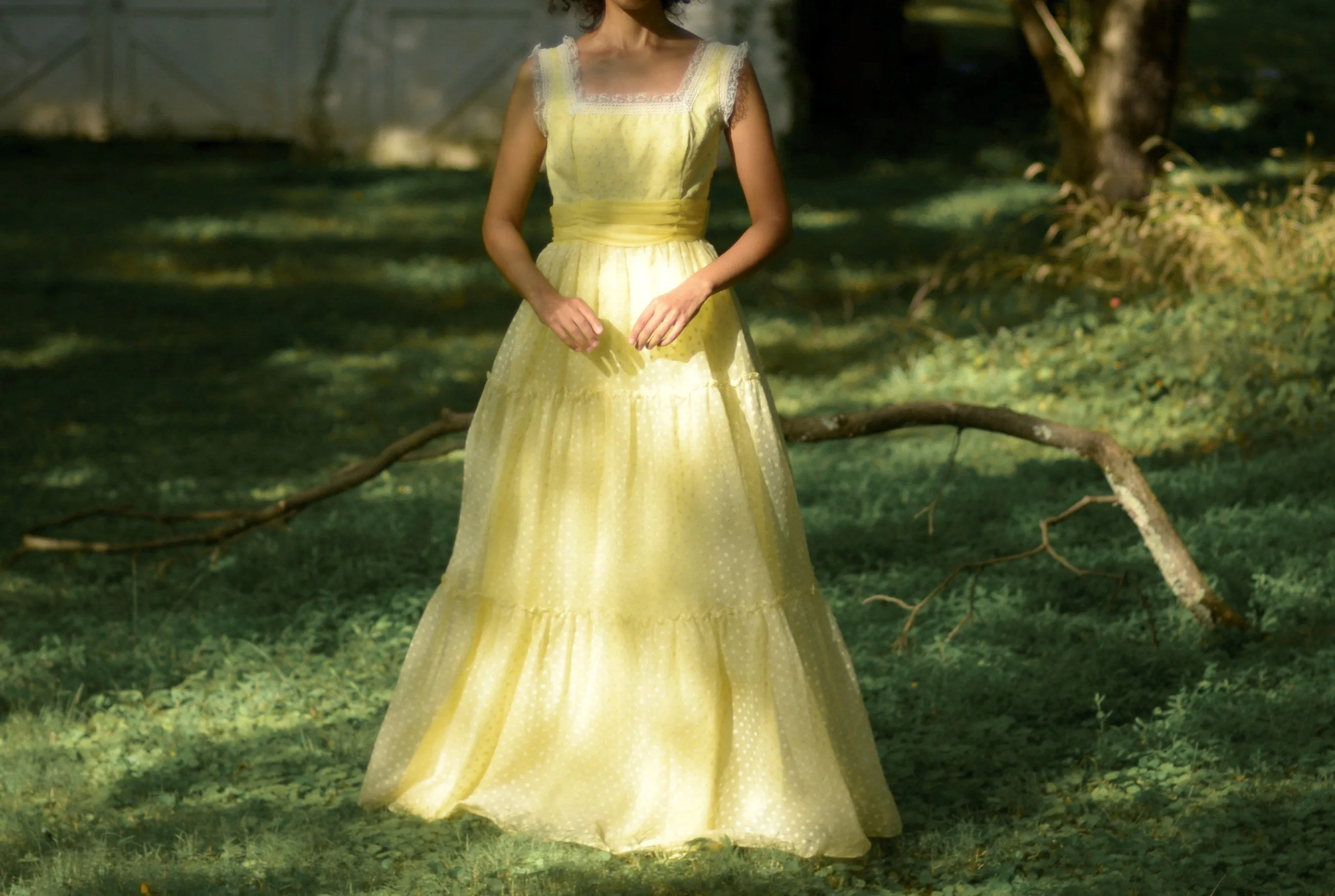 70s yellow organza full length tiered gown with back bow // small-medium
