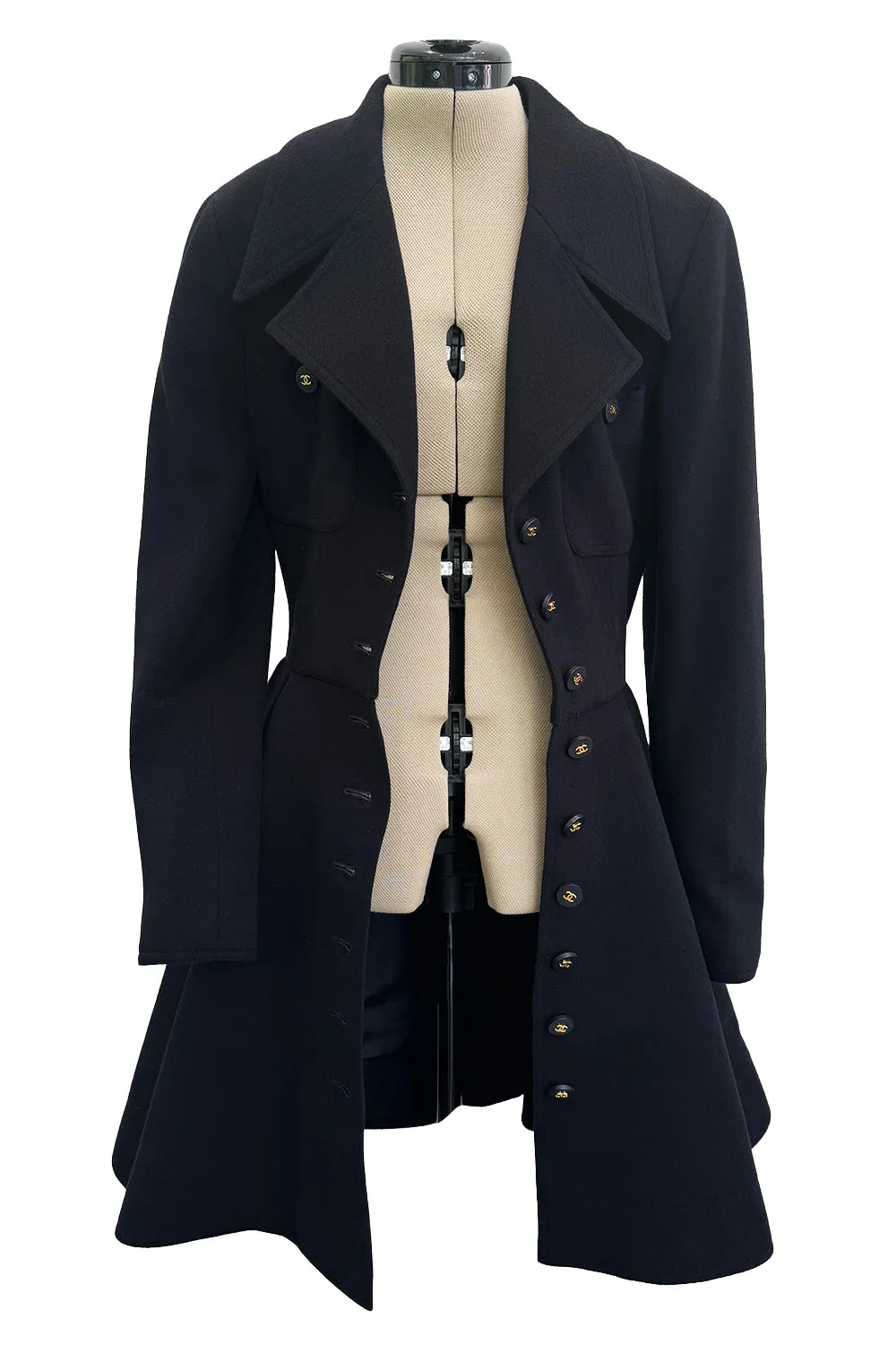 Amazing Fall 1994 Chanel by Karl Lagerfeld Runway Look 20 Deep Blue Black Cashmere Flare Jacket