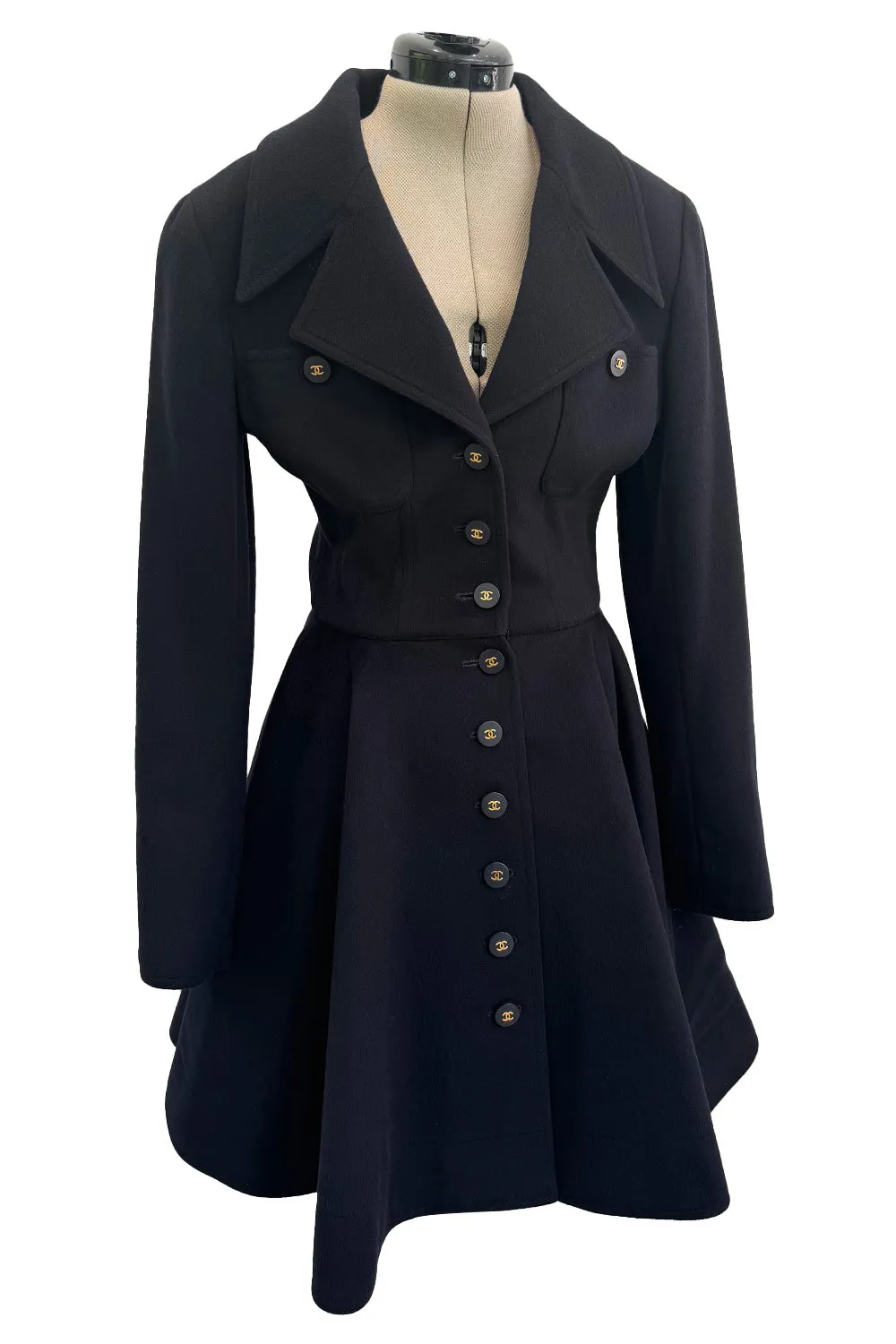 Amazing Fall 1994 Chanel by Karl Lagerfeld Runway Look 20 Deep Blue Black Cashmere Flare Jacket