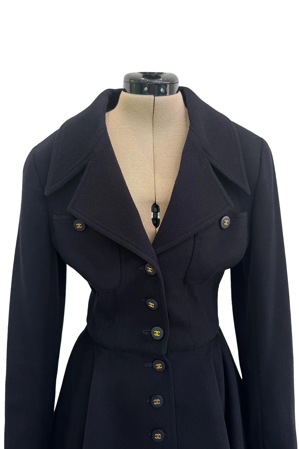 Amazing Fall 1994 Chanel by Karl Lagerfeld Runway Look 20 Deep Blue Black Cashmere Flare Jacket