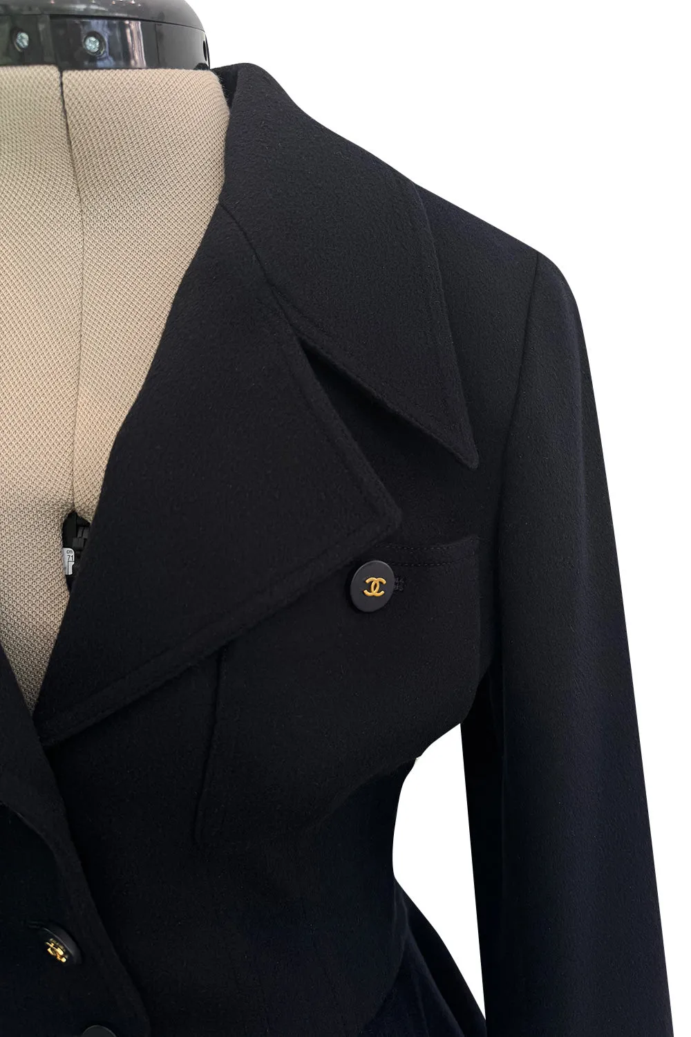 Amazing Fall 1994 Chanel by Karl Lagerfeld Runway Look 20 Deep Blue Black Cashmere Flare Jacket