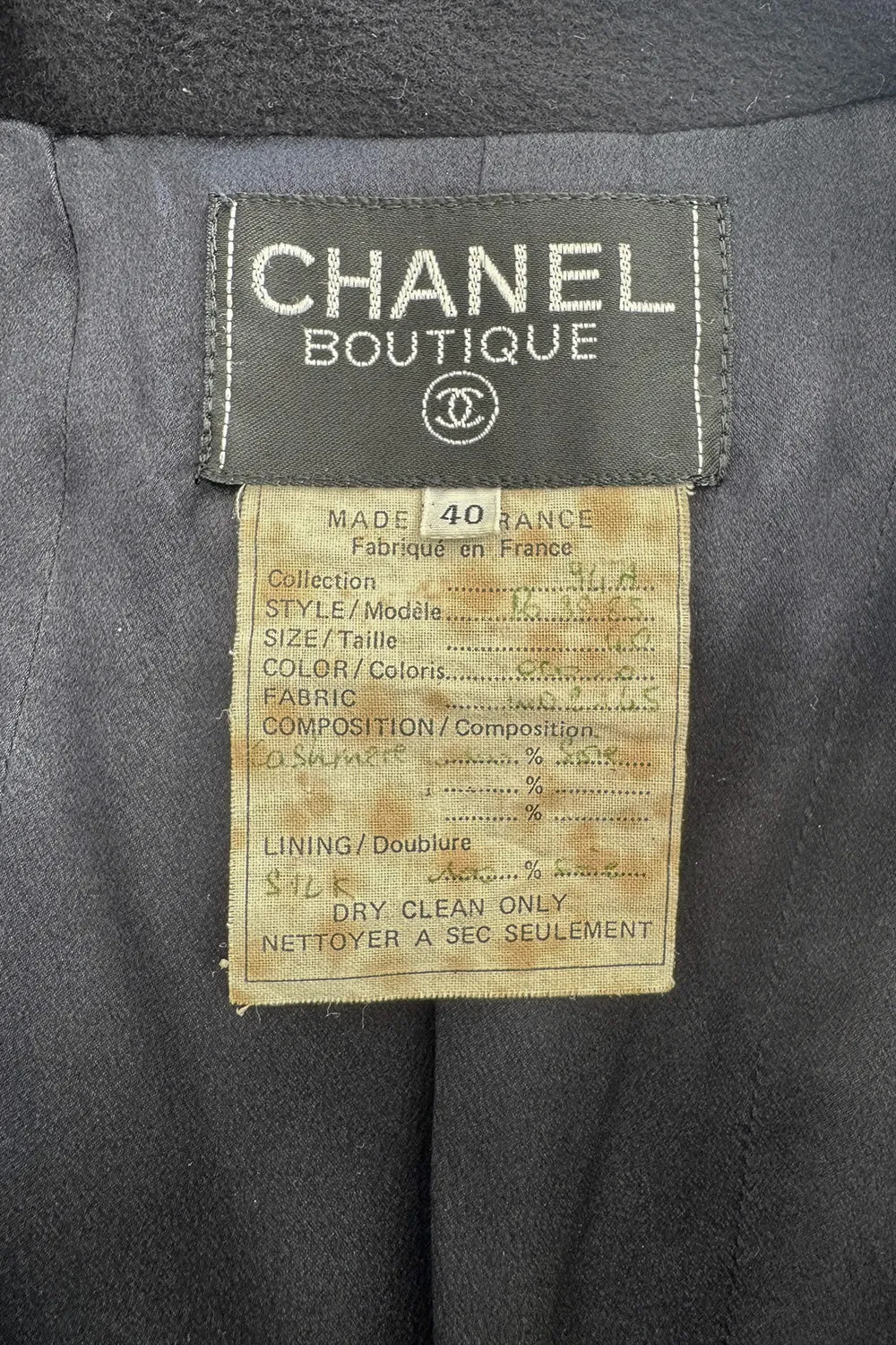 Amazing Fall 1994 Chanel by Karl Lagerfeld Runway Look 20 Deep Blue Black Cashmere Flare Jacket