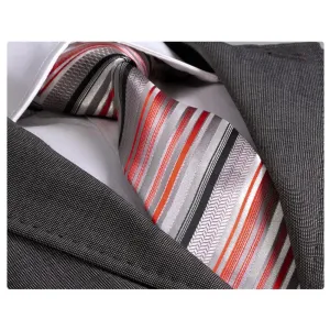 Amedeo Exclusive Men's Fashion Gray Orange Red Stripes Silk Neck Tie Gift Box