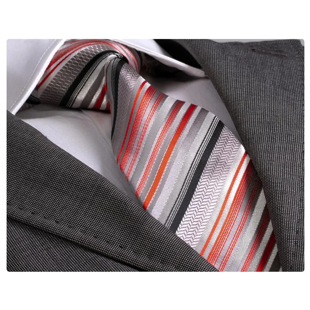 Amedeo Exclusive Men's Fashion Gray Orange Red Stripes Silk Neck Tie Gift Box