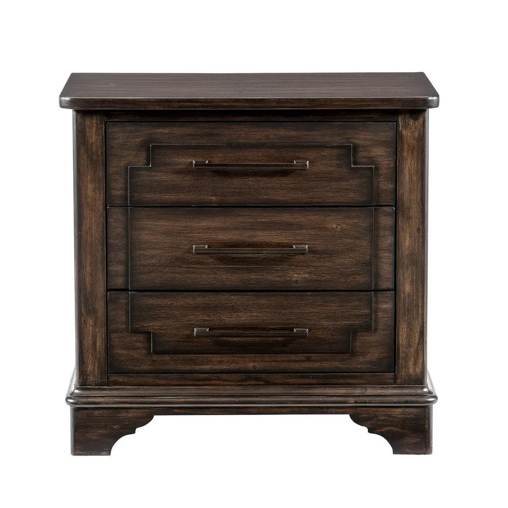 Amey 30 Inch Nightstand, 3 Drawers with Bar Handles, Rustic Brown Wood By Casagear Home