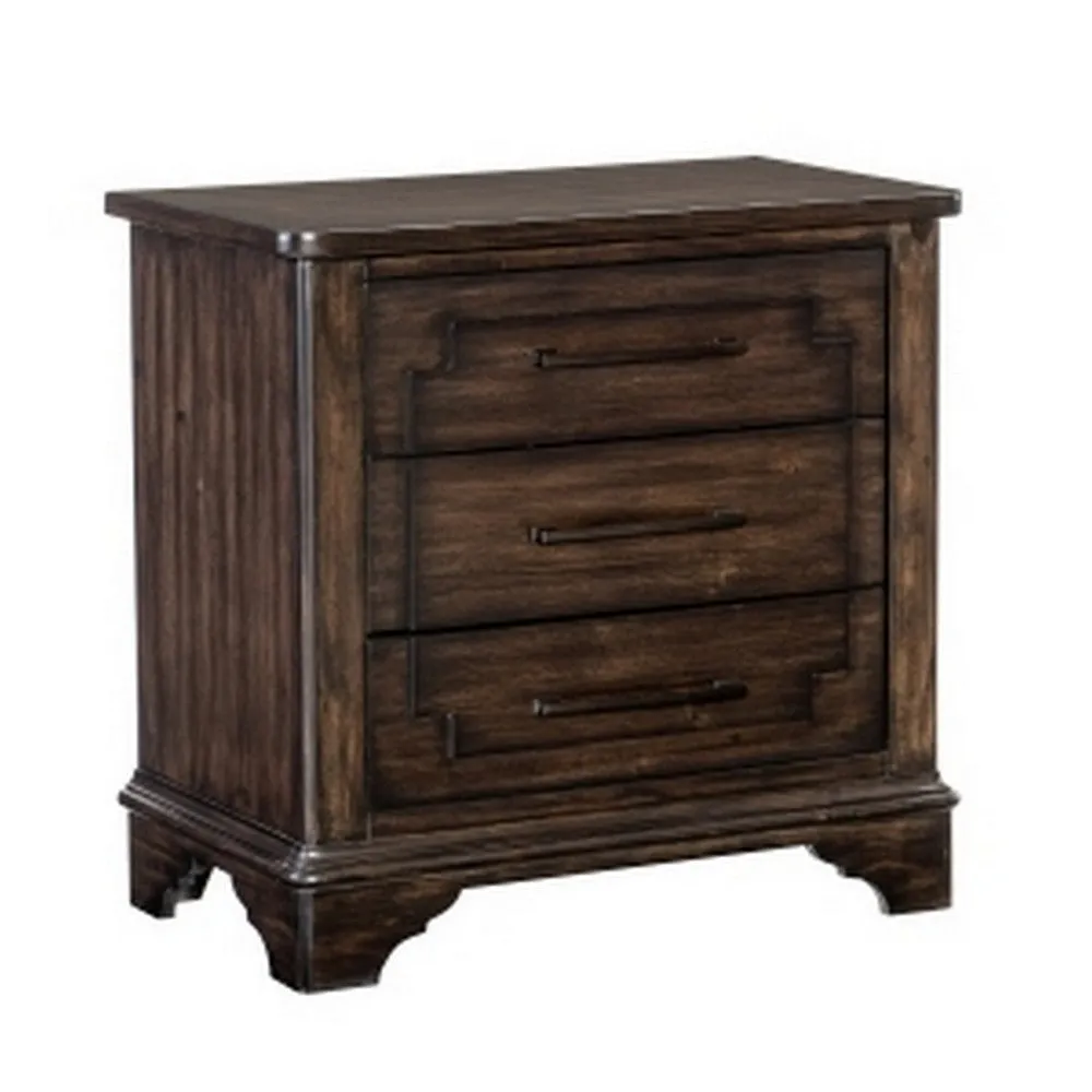 Amey 30 Inch Nightstand, 3 Drawers with Bar Handles, Rustic Brown Wood By Casagear Home