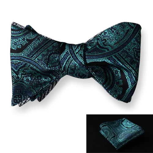 Aqua Floral Check Mens Silk Self tie Bow Tie with Pocket Squares Set