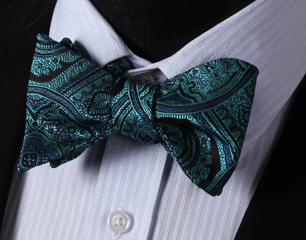 Aqua Floral Check Mens Silk Self tie Bow Tie with Pocket Squares Set