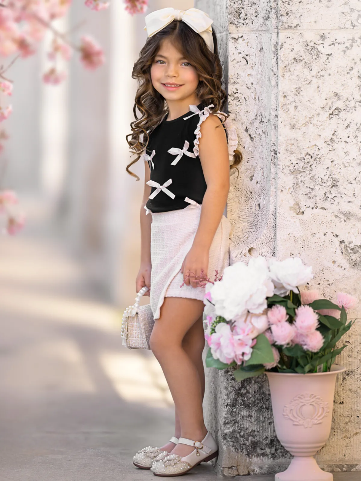 Black Bow Ribbed Top and Cream Tweed Skort Set