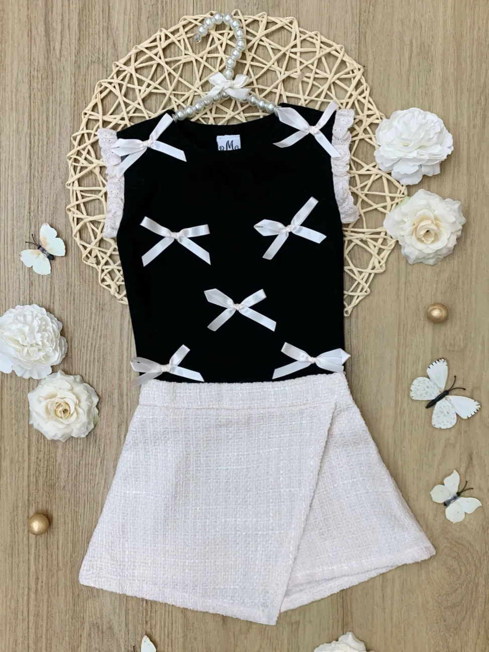Black Bow Ribbed Top and Cream Tweed Skort Set