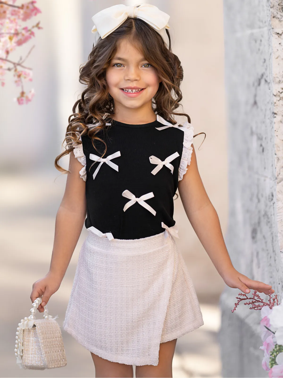 Black Bow Ribbed Top and Cream Tweed Skort Set
