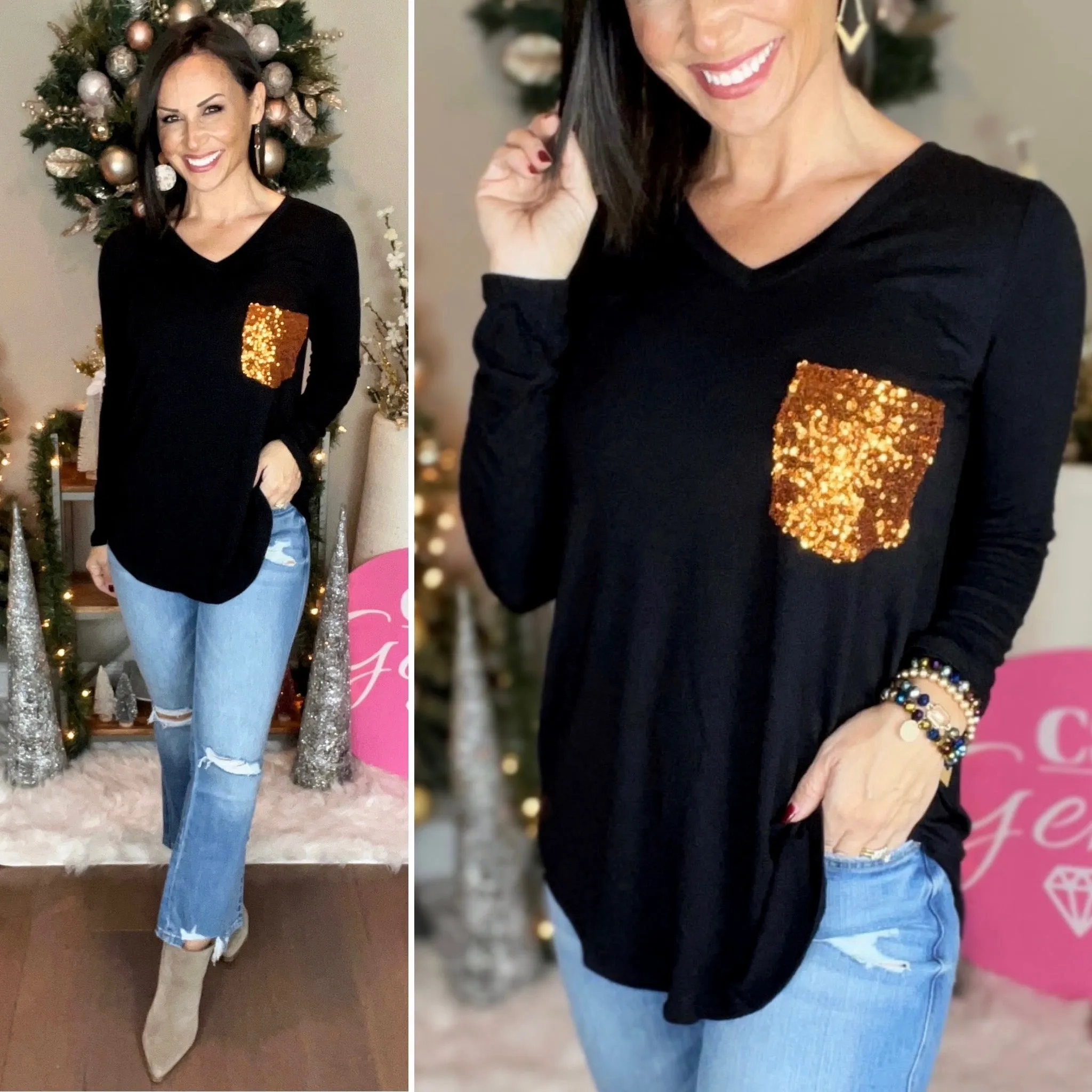 BLACK FRONT SEQUIN POCKET TOP