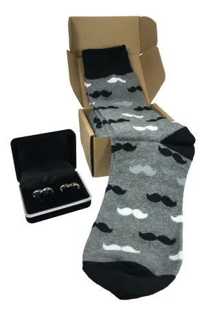 Black Onyx Mustache Cufflink with Matching Men Mustache Socks-Gift Box
